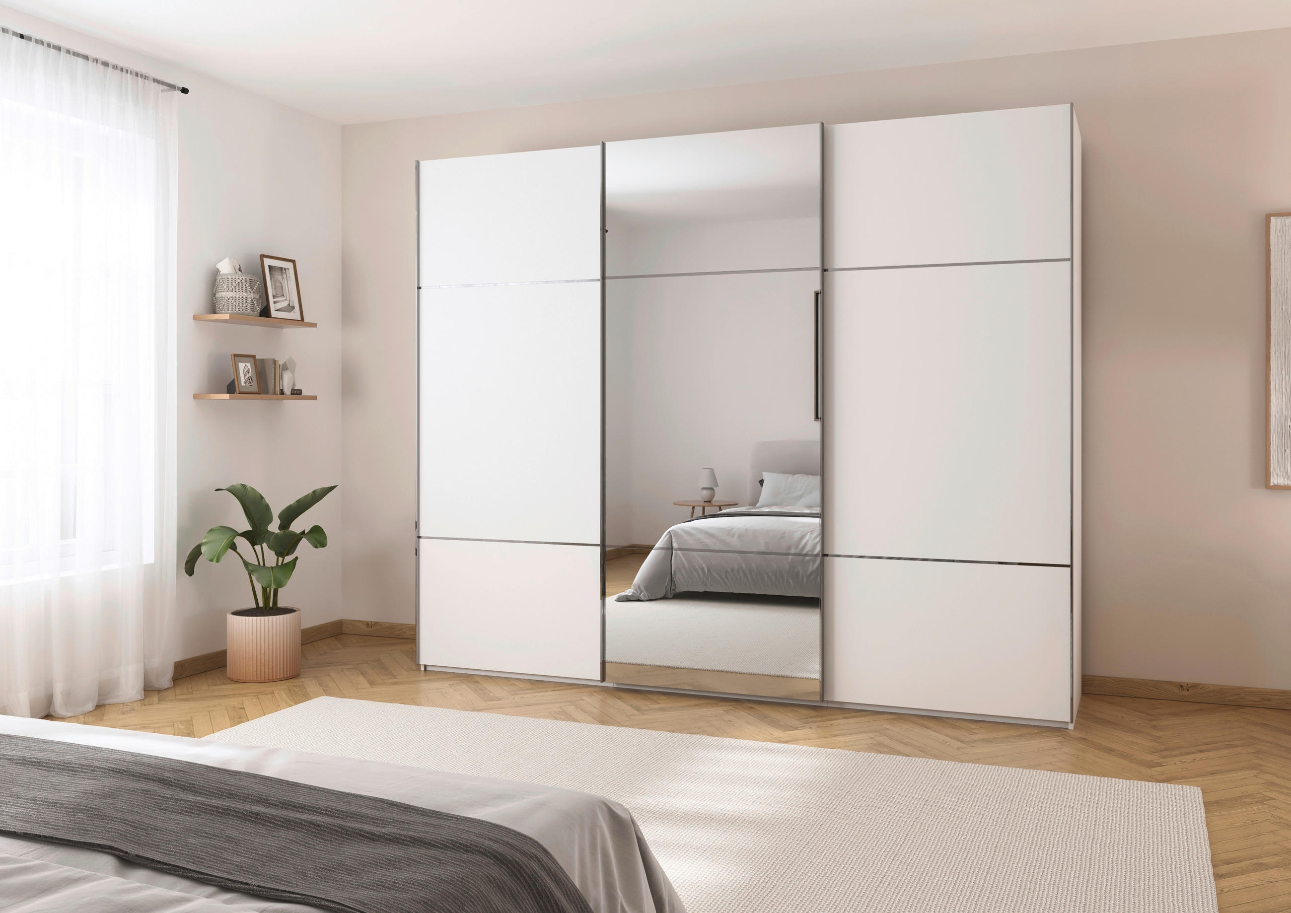 SCHWEBETÜRENSCHRANK 271/223/68 cm 3-türig Weiß  - Alufarben/Weiß, KONVENTIONELL, Glas/Holzwerkstoff (271/223/68cm) - Novel