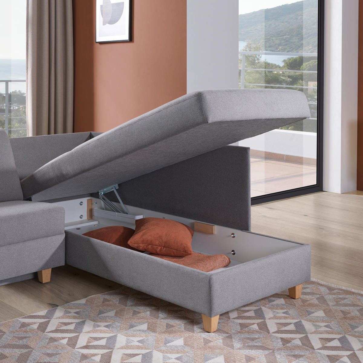 ECKSOFA in Flachgewebe Grau  261/203 cm  - Eichefarben/Grau, KONVENTIONELL, Holz/Textil (261/203cm) - Sedda