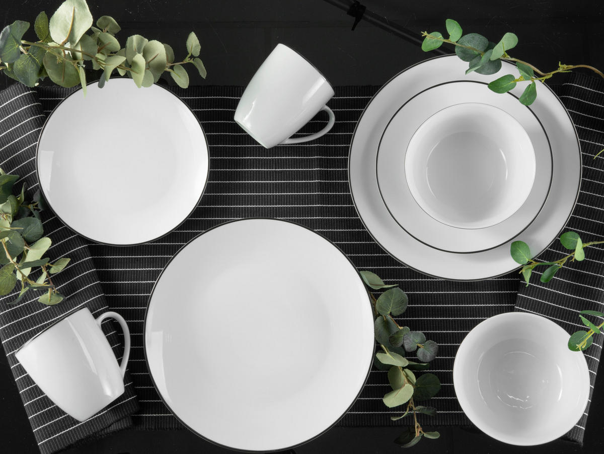 KOMBISERVICE Schwarz, Weiß Luna Black Line 16-teilig 4 Personen  - Schwarz/Weiß, Basics, Keramik (34,5/32/32,5cm) - Creatable