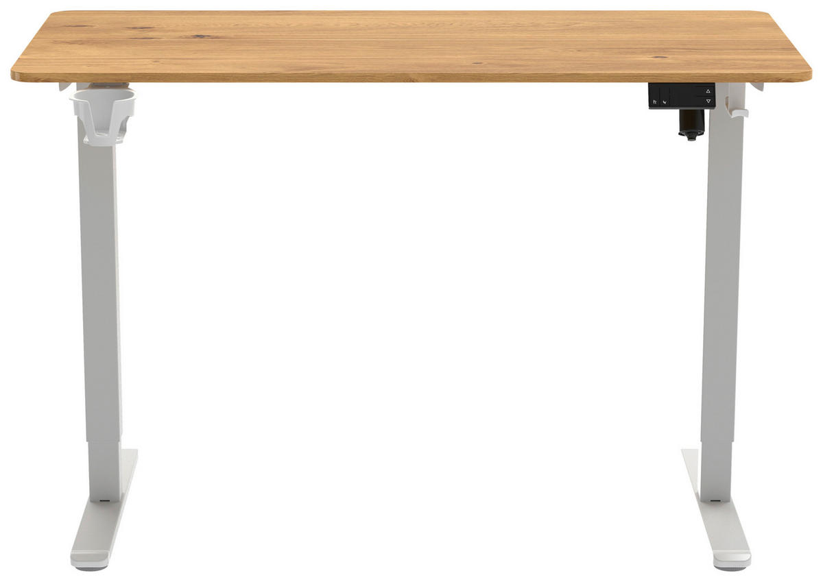 SCHREIBTISCH 120/60/70-115 cm Weiss, Plankeneiche höhenverstellbar, Memoryschalter, Getränkehalter, Headsethalter elektrisch höhenverstellbar  - Weiss/Plankeneiche, Modern, Holzwerkstoff/Kunststoff (120/60/70-115cm) - Livetastic