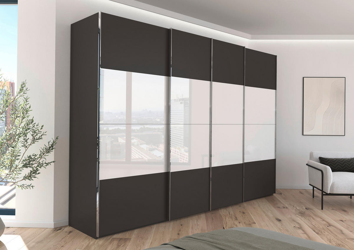 SCHWEBETÜRENSCHRANK 316/223/68 cm 4-türig Graphitfarben, Weiß  - Chromfarben/Graphitfarben, KONVENTIONELL, Glas/Holzwerkstoff (316/223/68cm) - Novel