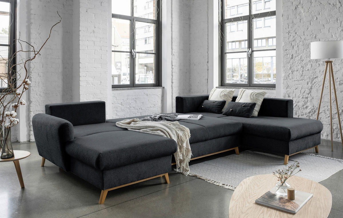 WOHNLANDSCHAFT in Chenille Dunkelgrau  - Dunkelgrau/Naturfarben, Holz/Textil (157/312/202cm) - MID.YOU