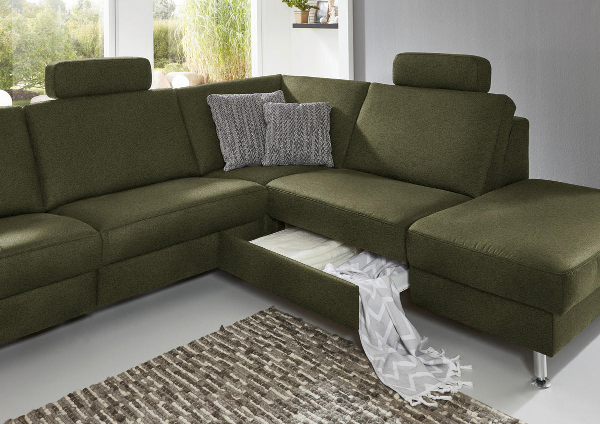 ECKSOFA in Mikrofaser Dunkelgrün  - Dunkelgrün/Alufarben, Design, Textil/Metall (275/242cm) - Dieter Knoll
