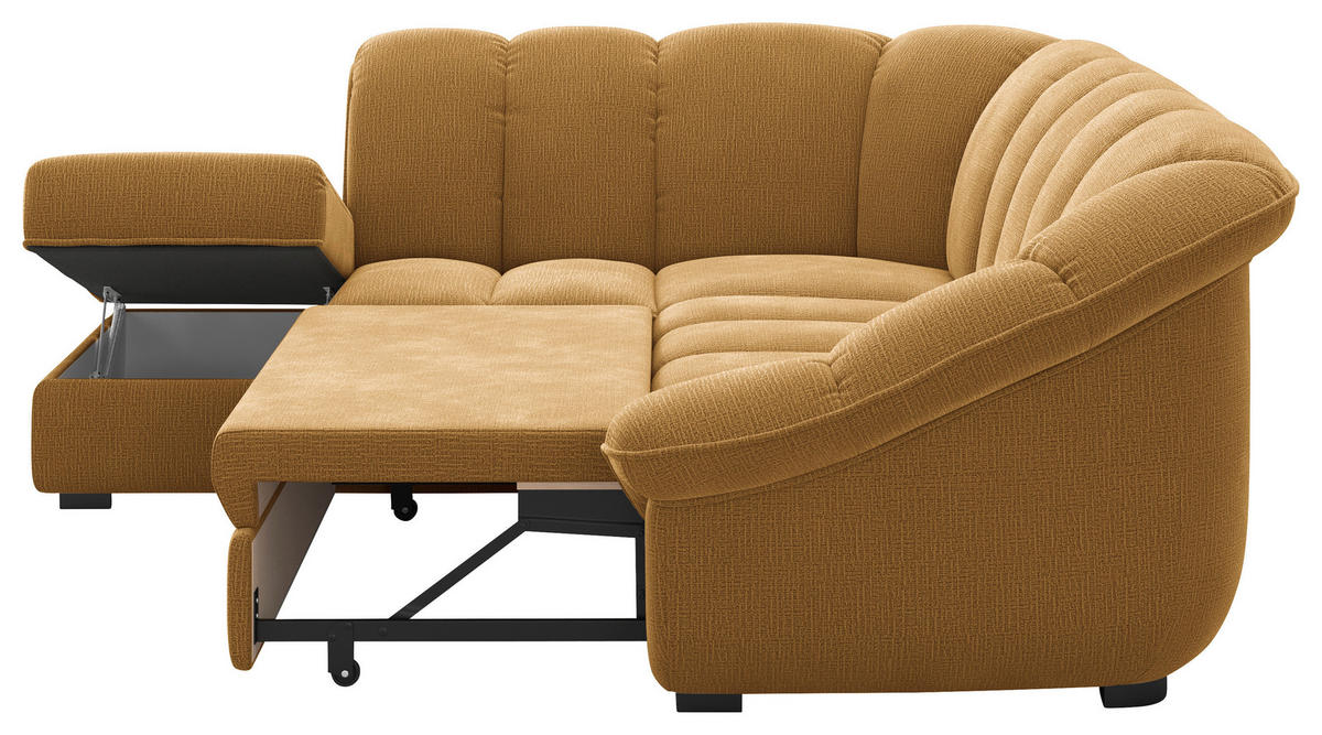 ECKSOFA Senfgelb Chenille Bettkasten, Schlaffunktion, Rücken echt  - Senfgelb/Schwarz, KONVENTIONELL, Kunststoff/Textil (222/260cm) - Welnova