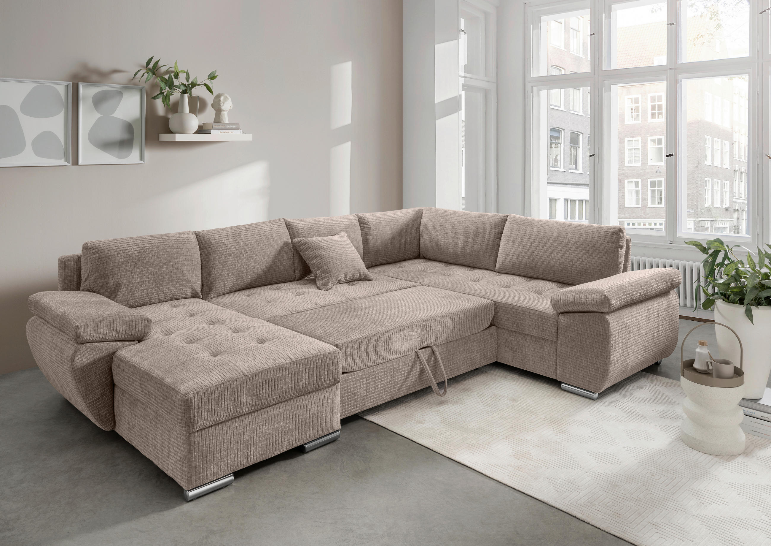 WOHNLANDSCHAFT in Mikrofaser Beige  - Chromfarben/Beige, KONVENTIONELL, Textil/Metall (157/305/219cm) - Livetastic