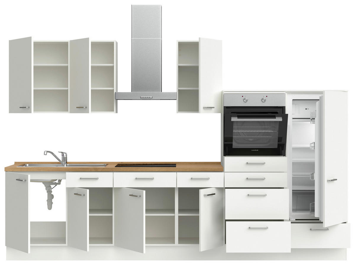 KÜCHENBLOCK 330 cm   in Weiß, Eichefarben  - Edelstahlfarben/Eichefarben, MODERN, Holzwerkstoff/Metall (330cm) - Nobilia