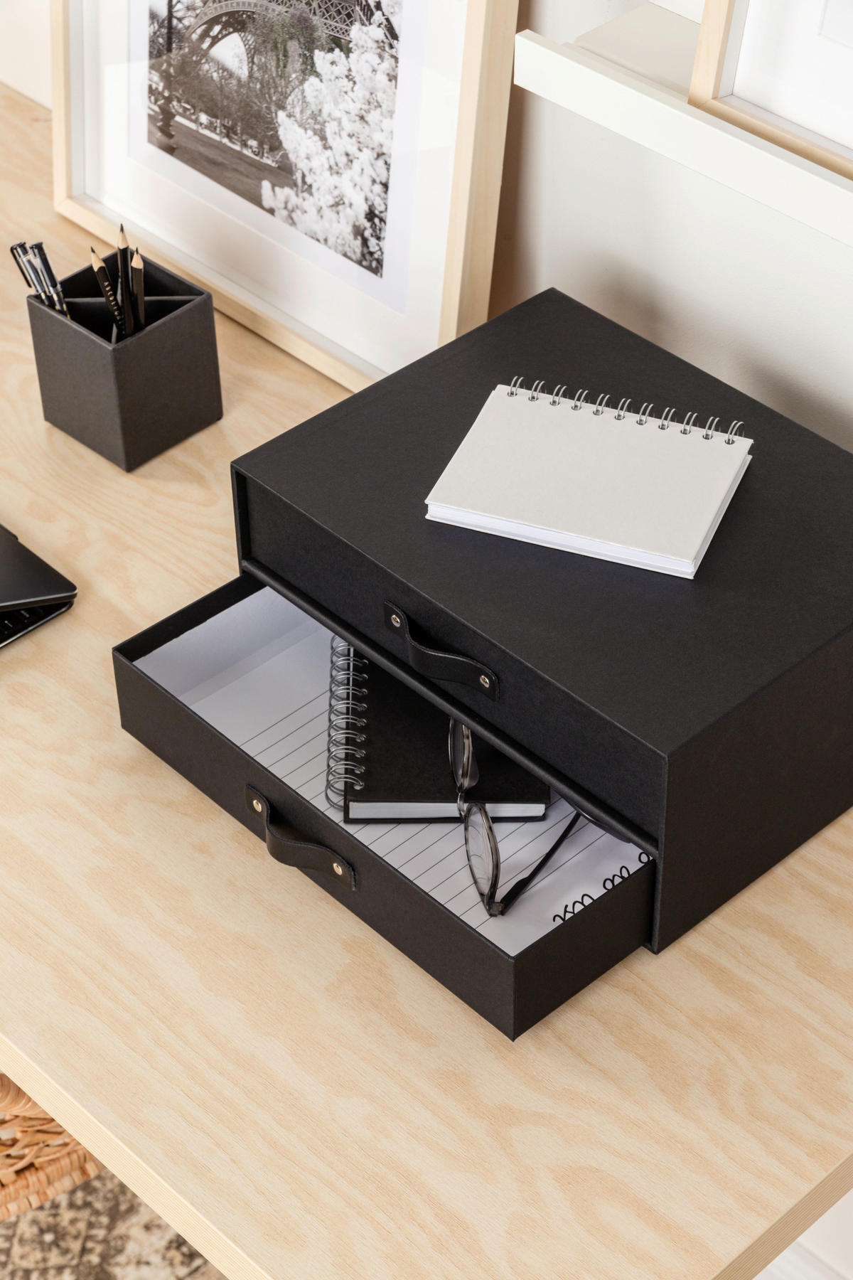SCHUBLADENBOX    25.5/33.5/14.5 cm  - Schwarz, Basics, Karton/Leder (25.5/33.5/14.5cm)