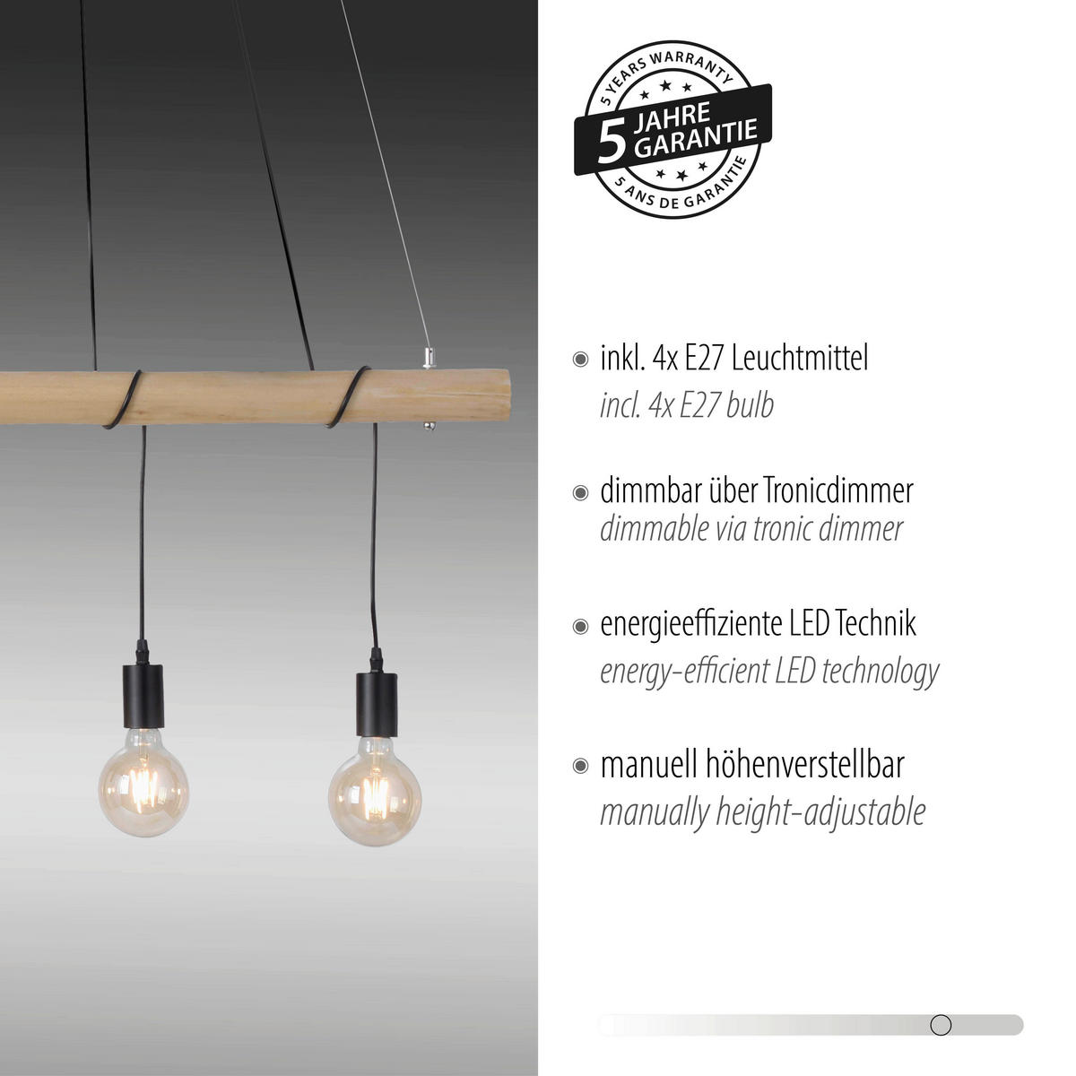 LED-HÄNGELEUCHTE  100/9,5/120 cm    - Eukalyptusholzfarben/Schwarz, Natur, Holz/Kunststoff (100/9,5/120cm) - Just Light