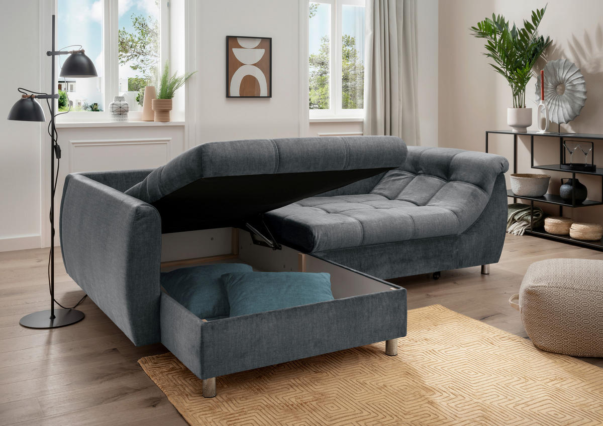 HÖRNBÄDDSOFFA i textil antracit  - kromfärg/blå, Modern, metall/textil (190/250cm) - Livetastic