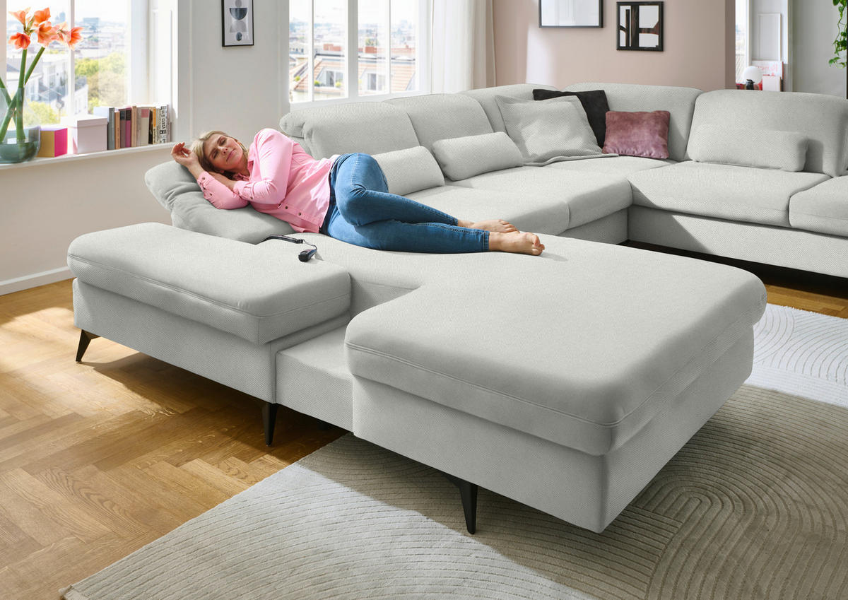 WOHNLANDSCHAFT Chenille Ecru  - Ecru/Schwarz, Design, Textil/Metall (198/364/255cm) - Beldomo Style