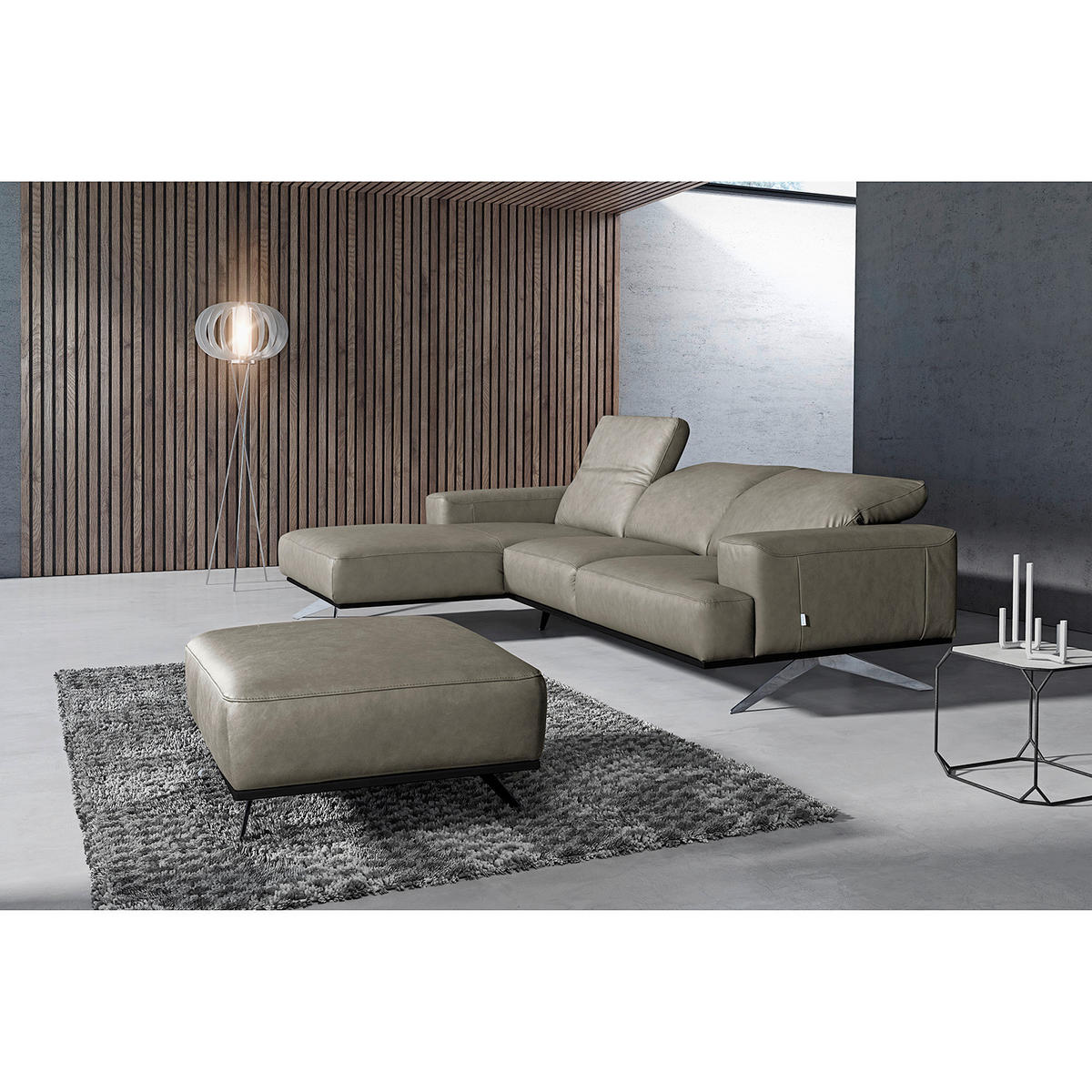 ECKSOFA Grau Echtleder Rücken echt, Kopfteilverstellung  - Chromfarben/Grau, Design, Leder/Metall (187/295cm) - Livetastic