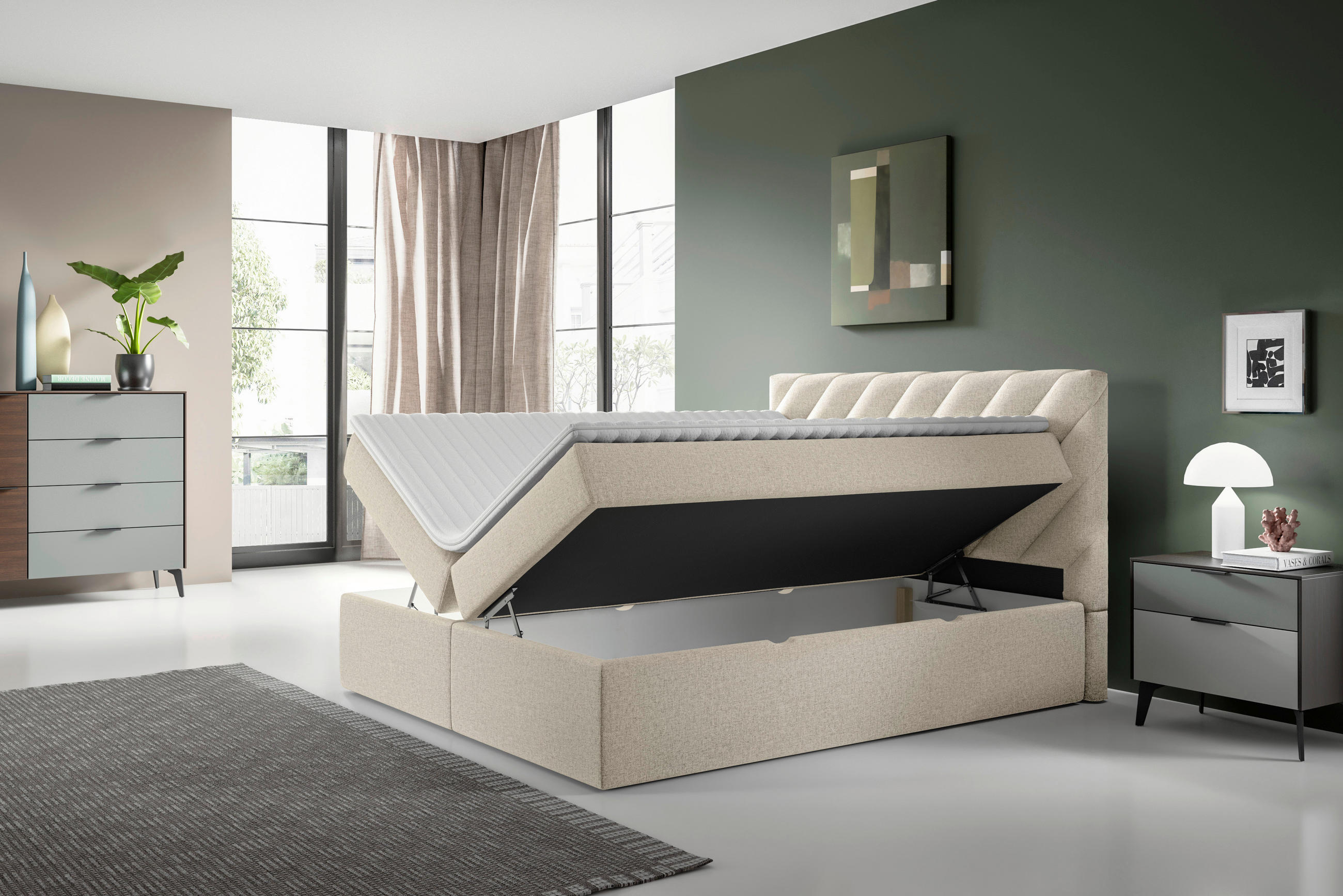 BOXSÄNG 140/200 cm  i beige  - beige/svart, Modern, textil (140/200cm) - MID.YOU