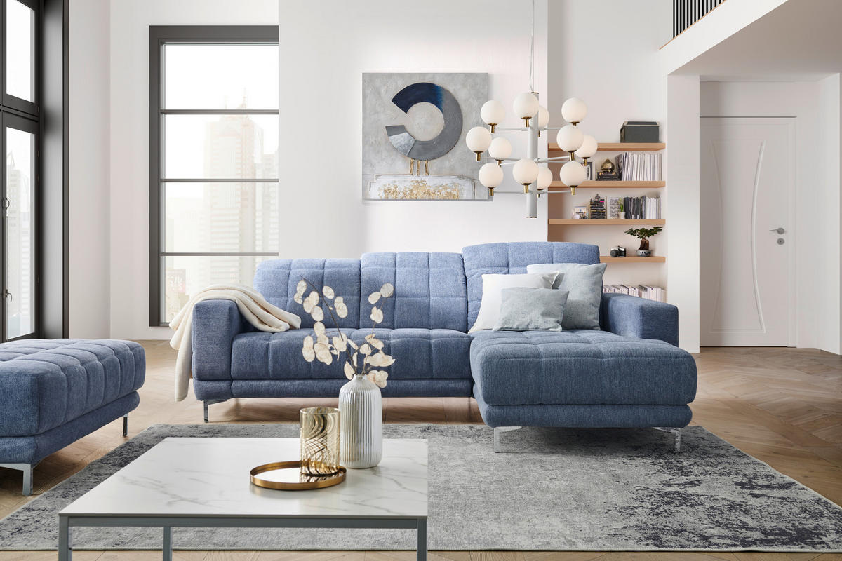 ECKSOFA in Webstoff Blau  187/260 cm  - Chromfarben/Blau, Design, Textil/Metall (187/260cm) - Xora