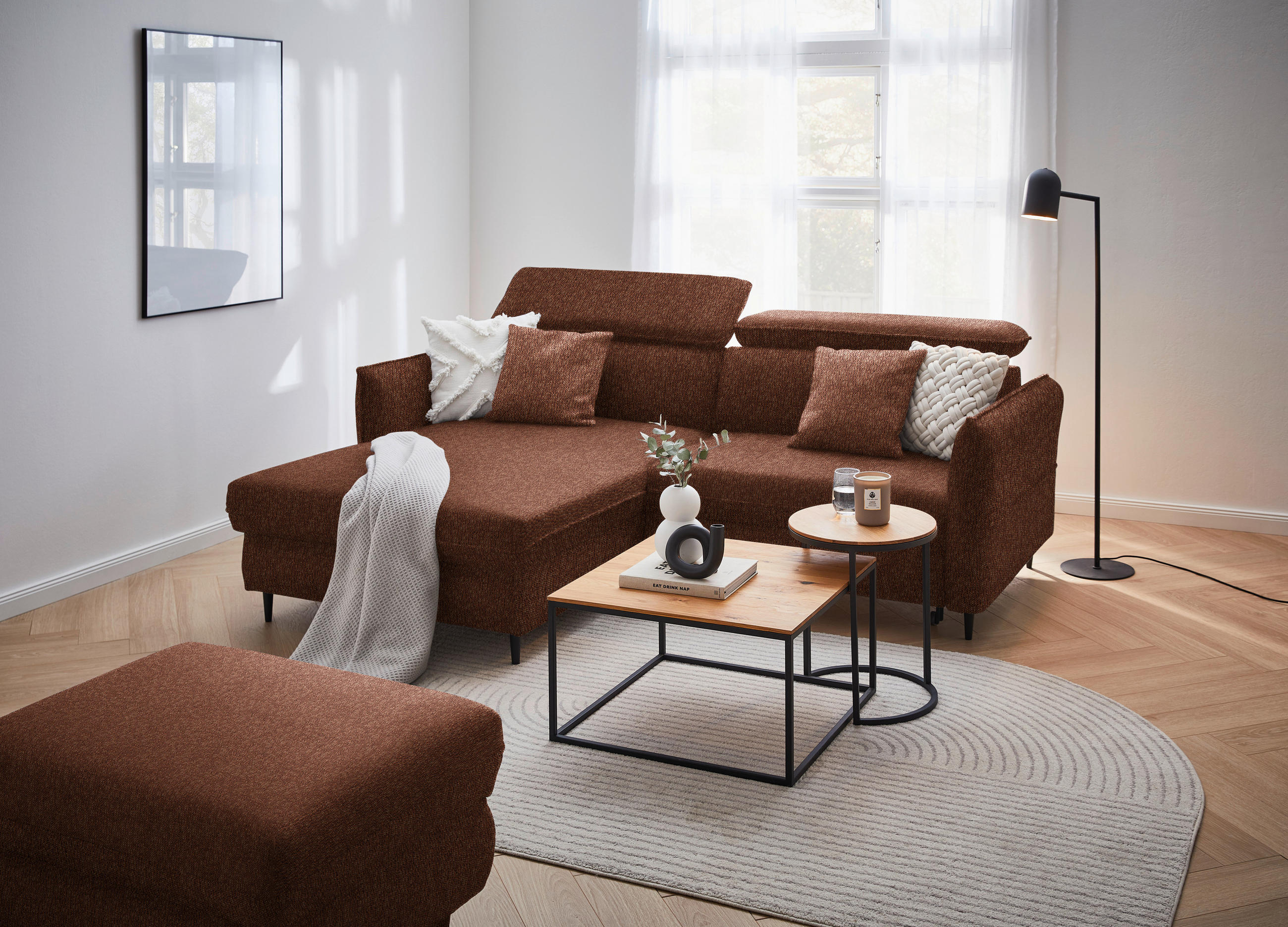 ECKSOFA in Struktur Rostfarben  - Rostfarben/Schwarz, Design, Holz/Textil (185/232cm) - Stylife