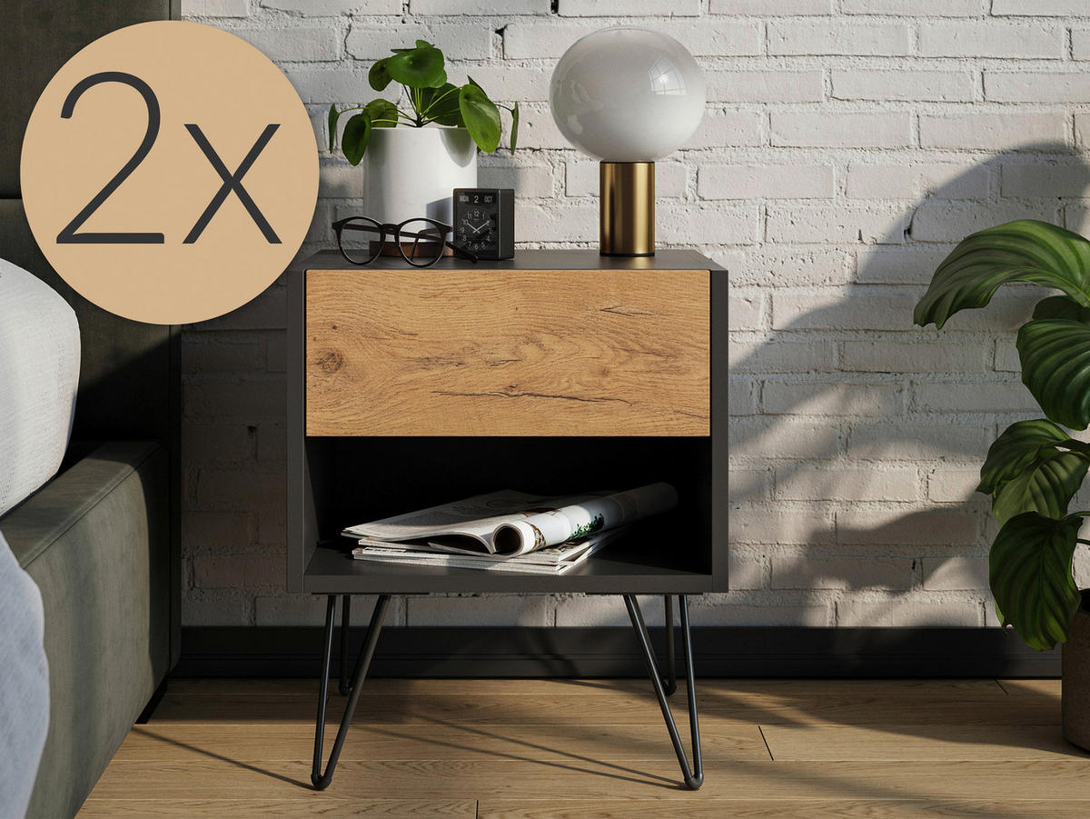 NACHTTISCH 41,2/50/35,6 cm  - Eichefarben/Graphitfarben, Basics, Holzwerkstoff/Metall (41,2/50/35,6cm) - MID.YOU