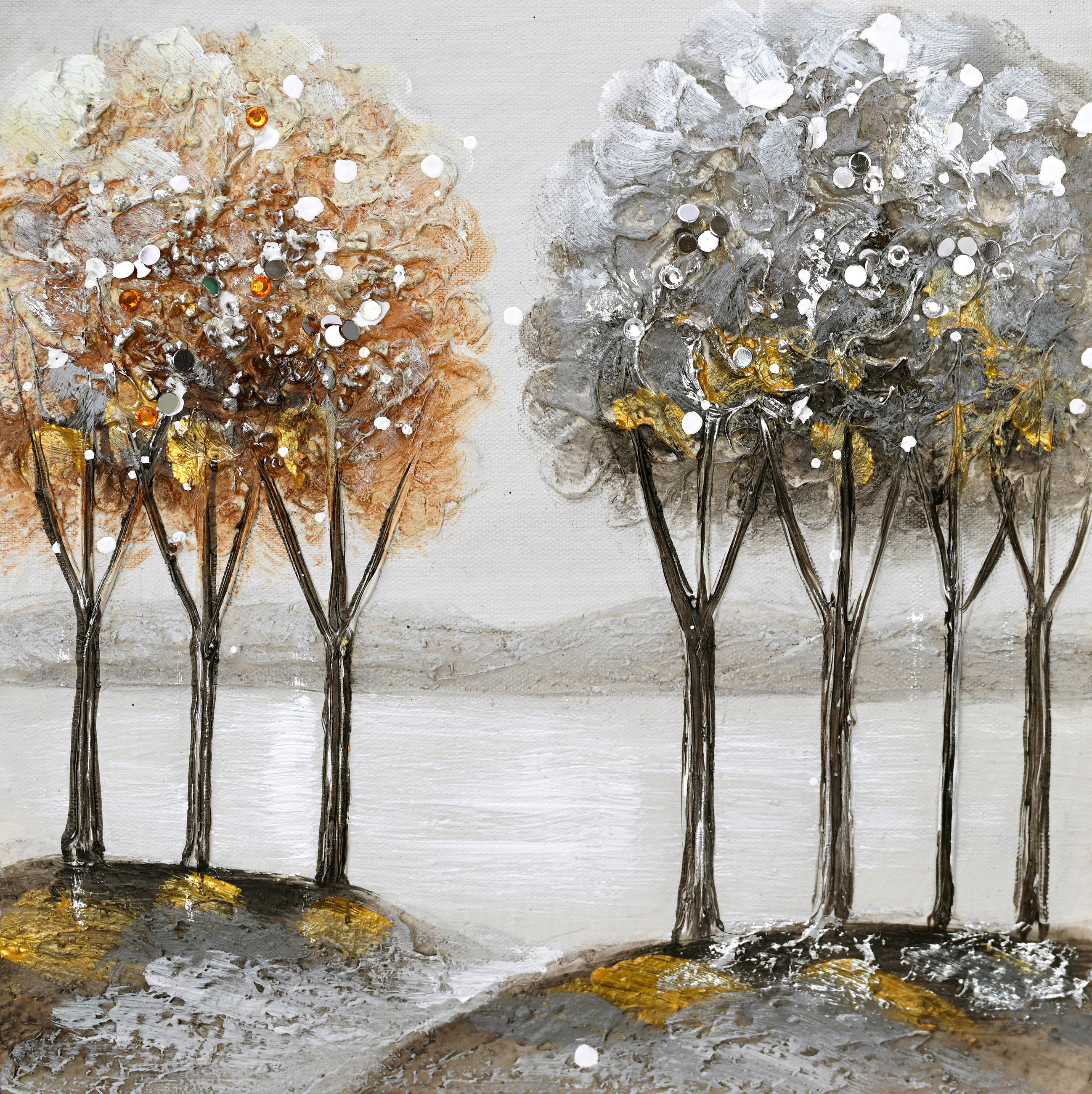 ÖLGEMÄLDE Bäume 30/30 cm  - Goldfarben/Braun, Design, Holz/Textil (30/30cm) - Monee