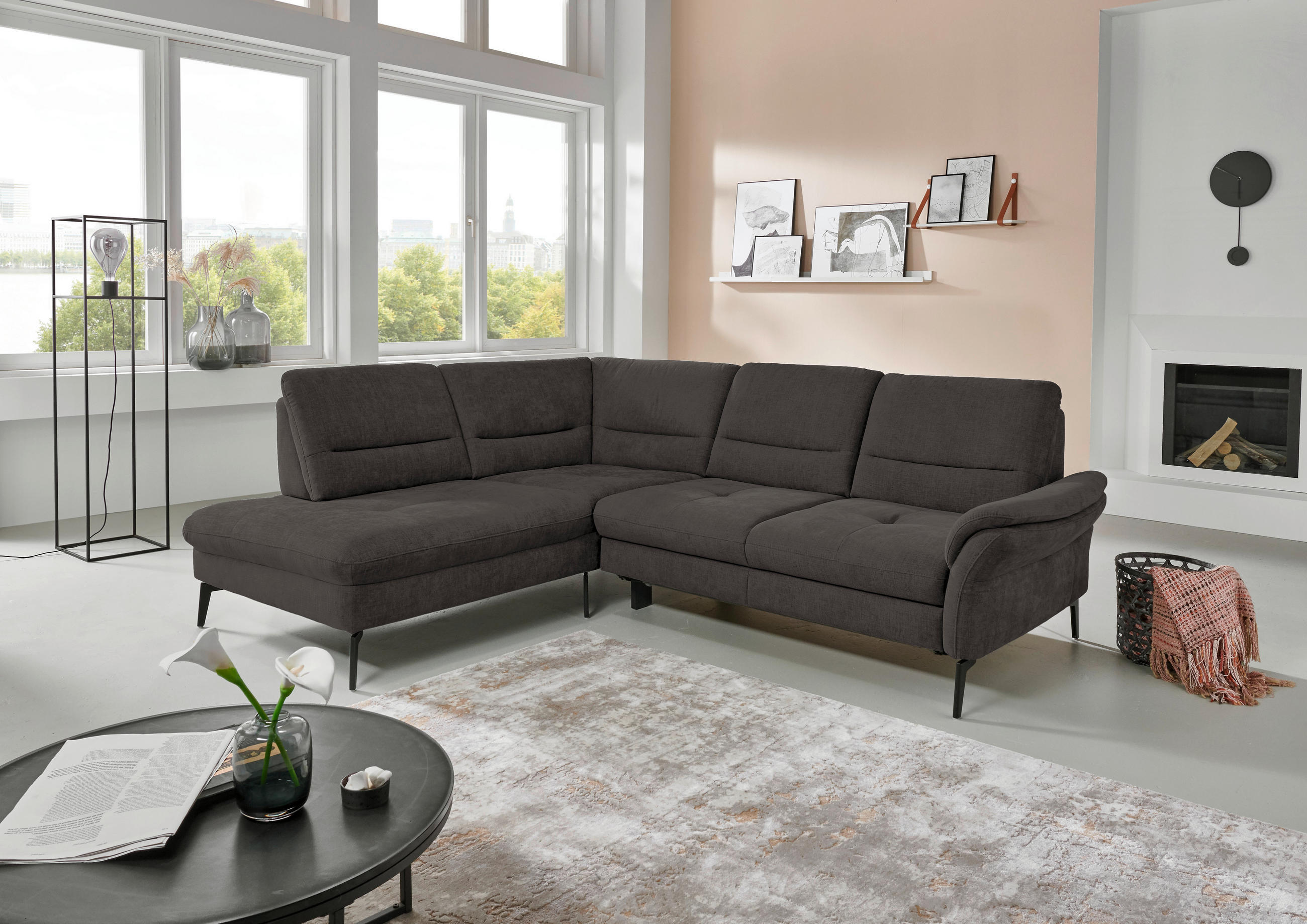 ECKSOFA in Webstoff Dunkelbraun  - Dunkelbraun/Schwarz, Design, Textil/Metall (206/256cm) - Beldomo System
