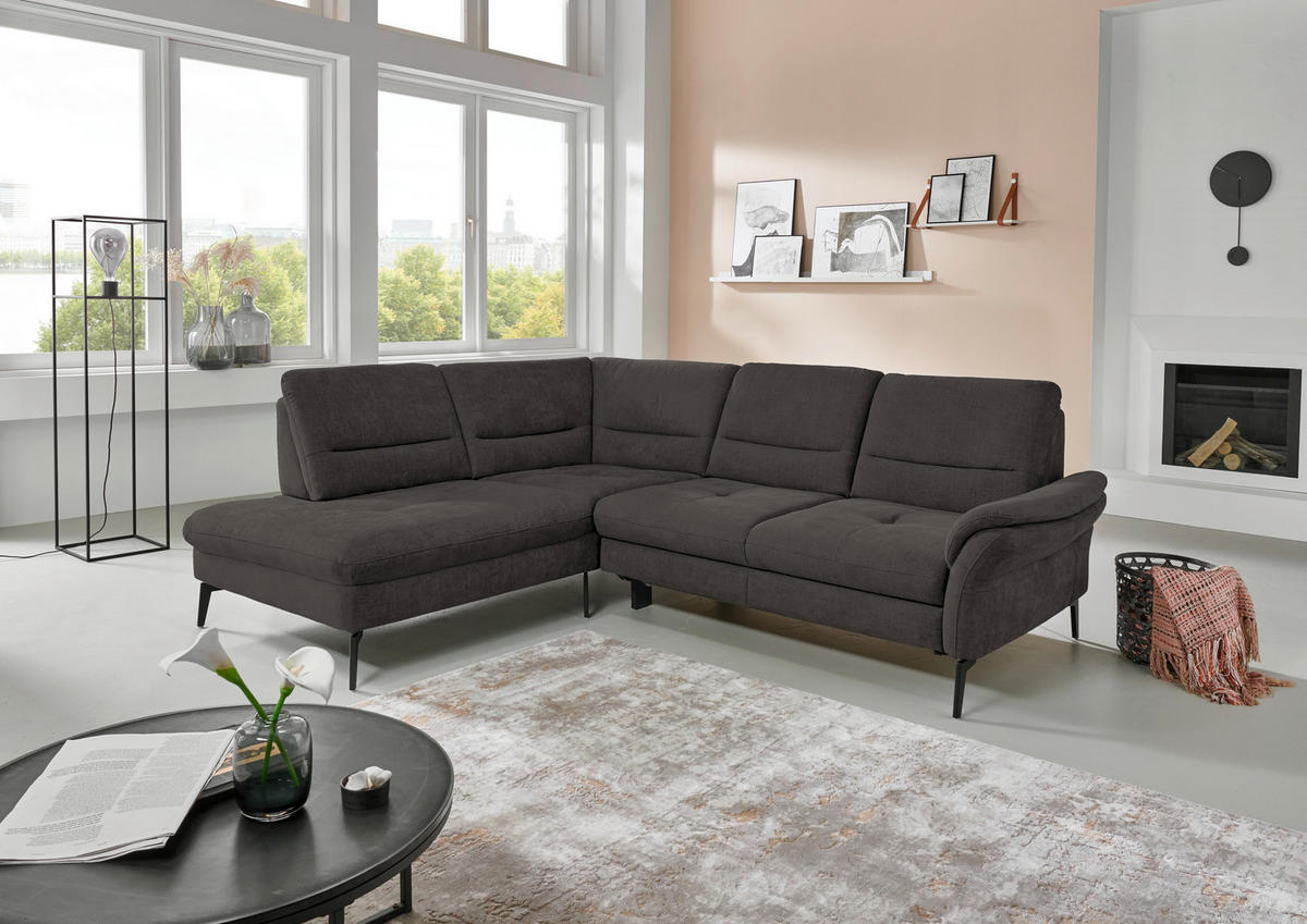 ECKSOFA in Webstoff Dunkelbraun  - Dunkelbraun/Schwarz, Design, Textil/Metall (206/256cm) - Beldomo System