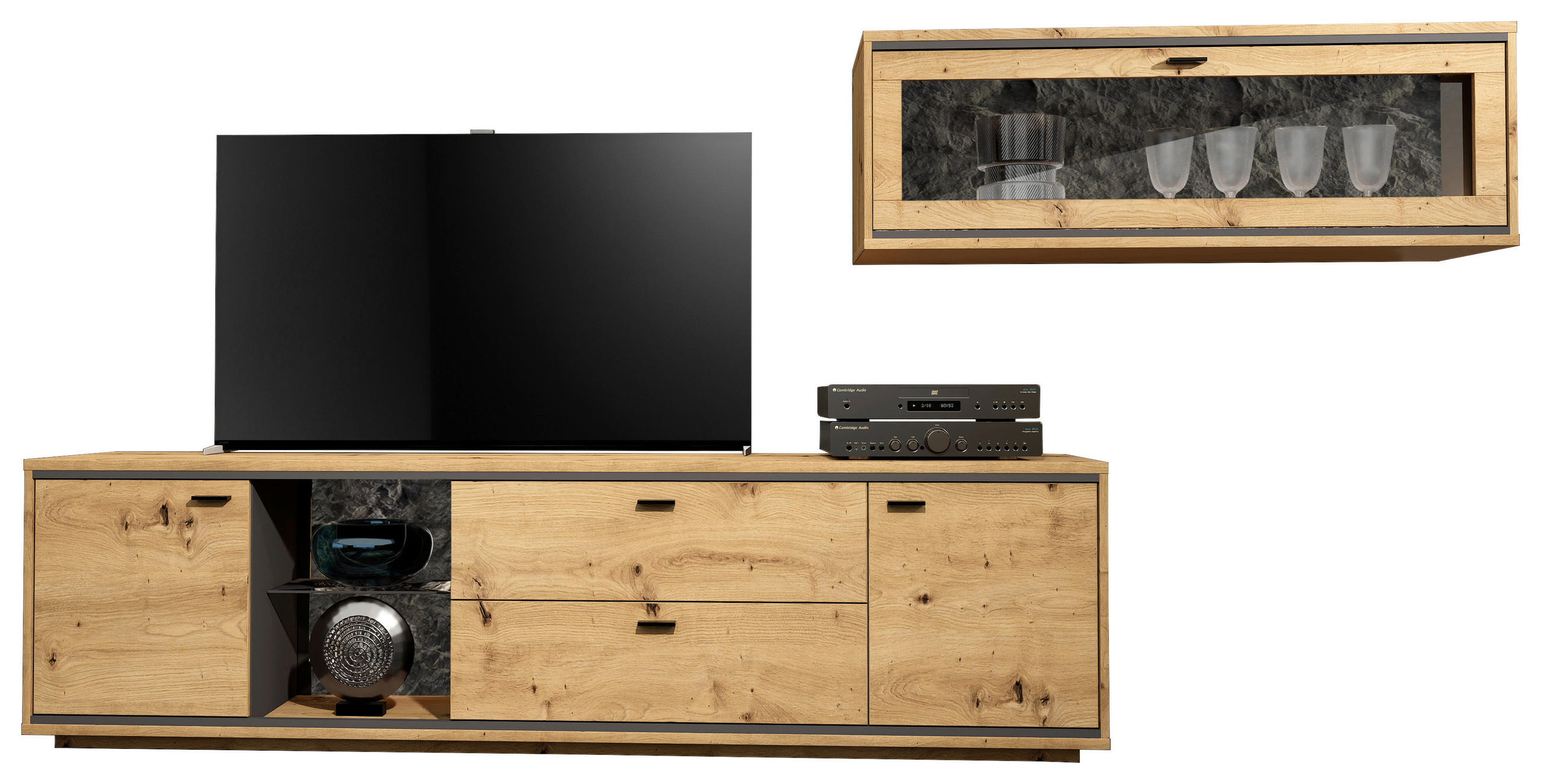 WOHNWAND  in Graphitfarben, Eichefarben  303/150/49 cm  - Eichefarben/Schwarz, Design, Glas/Holzwerkstoff (303/150/49cm) - Cantus