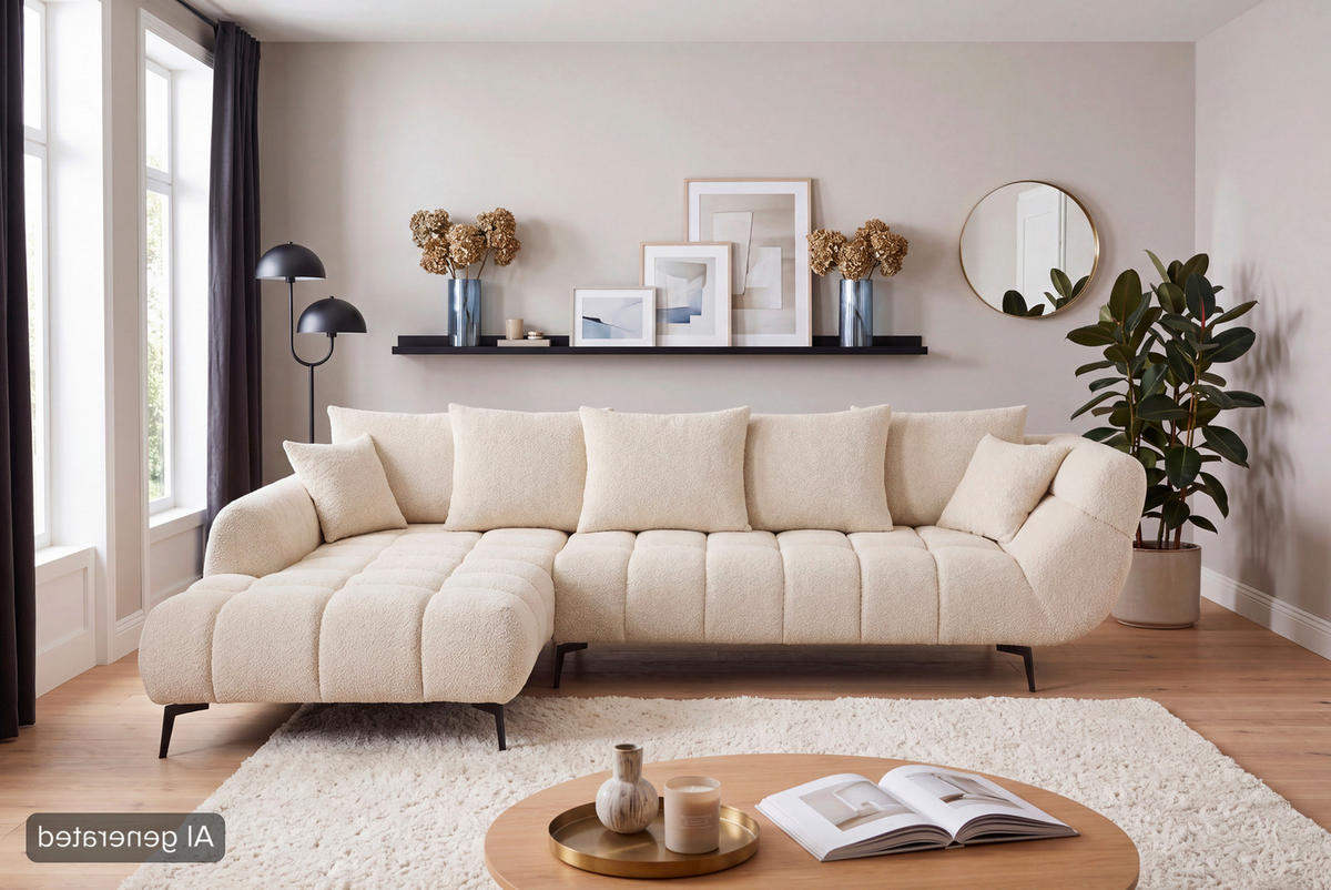 ECKSOFA Naturfarben Bouclé Zierkissen, Rückenkissen, Rücken echt  - Schwarz/Naturfarben, MODERN, Textil/Metall (217/318cm) - Carryhome