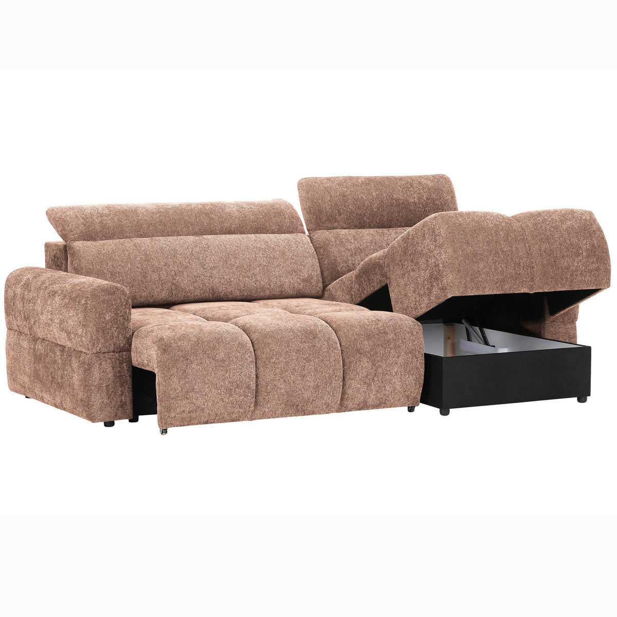 ECKSOFA Altrosa Chenille Bettkasten, Rücken echt, Kopfteilverstellung, Sitztiefenverstellung  - Schwarz/Altrosa, MODERN, Kunststoff/Textil (268/165cm) - Carryhome