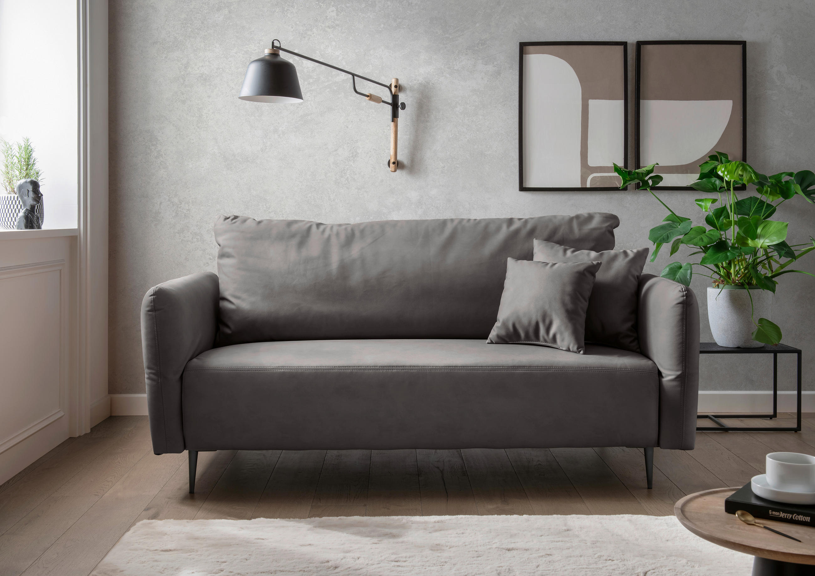 3-SITZER-SOFA in Lederlook Anthrazit  - Anthrazit/Schwarz, Design, Textil/Metall (201/97/102cm) - Livetastic