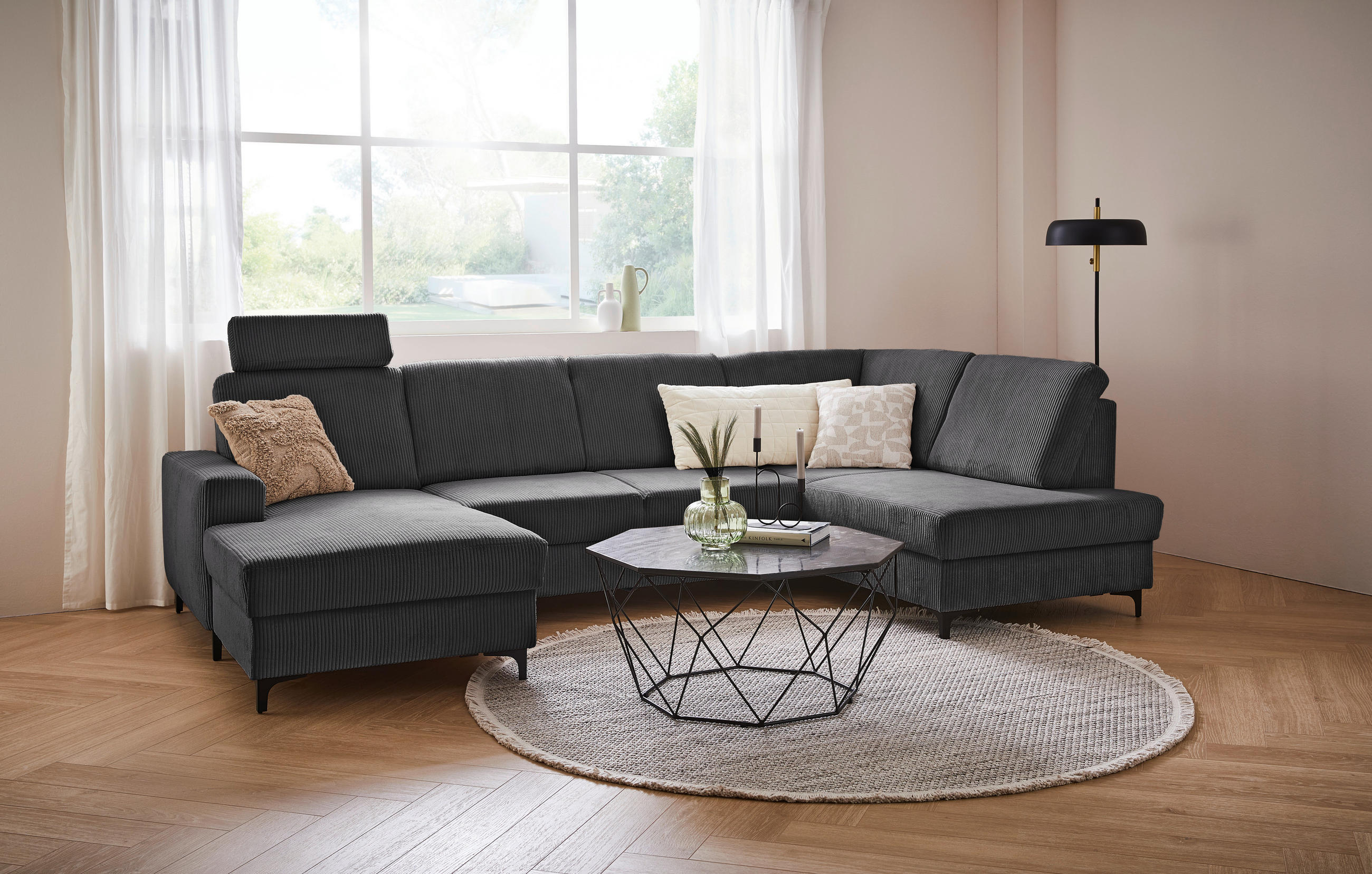 WOHNLANDSCHAFT Dunkelgrau Cord  - Dunkelgrau/Schwarz, KONVENTIONELL, Textil/Metall (167/317/185cm) - Stylife