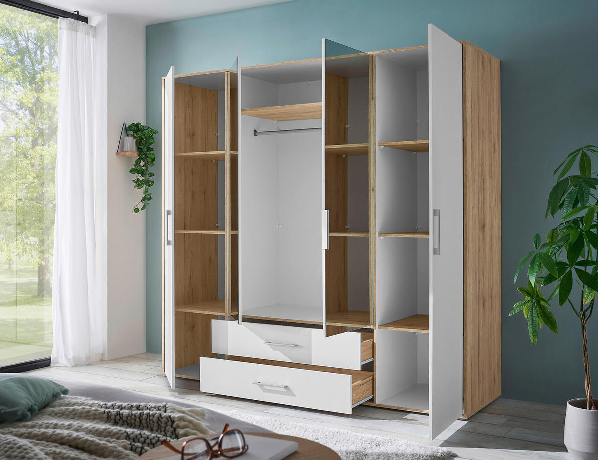 KLEIDERSCHRANK 206/195/60 cm 4-türig Weiß, Eiche Artisan  - Alufarben/Weiß, Basics, Glas/Holzwerkstoff (206/195/60cm)