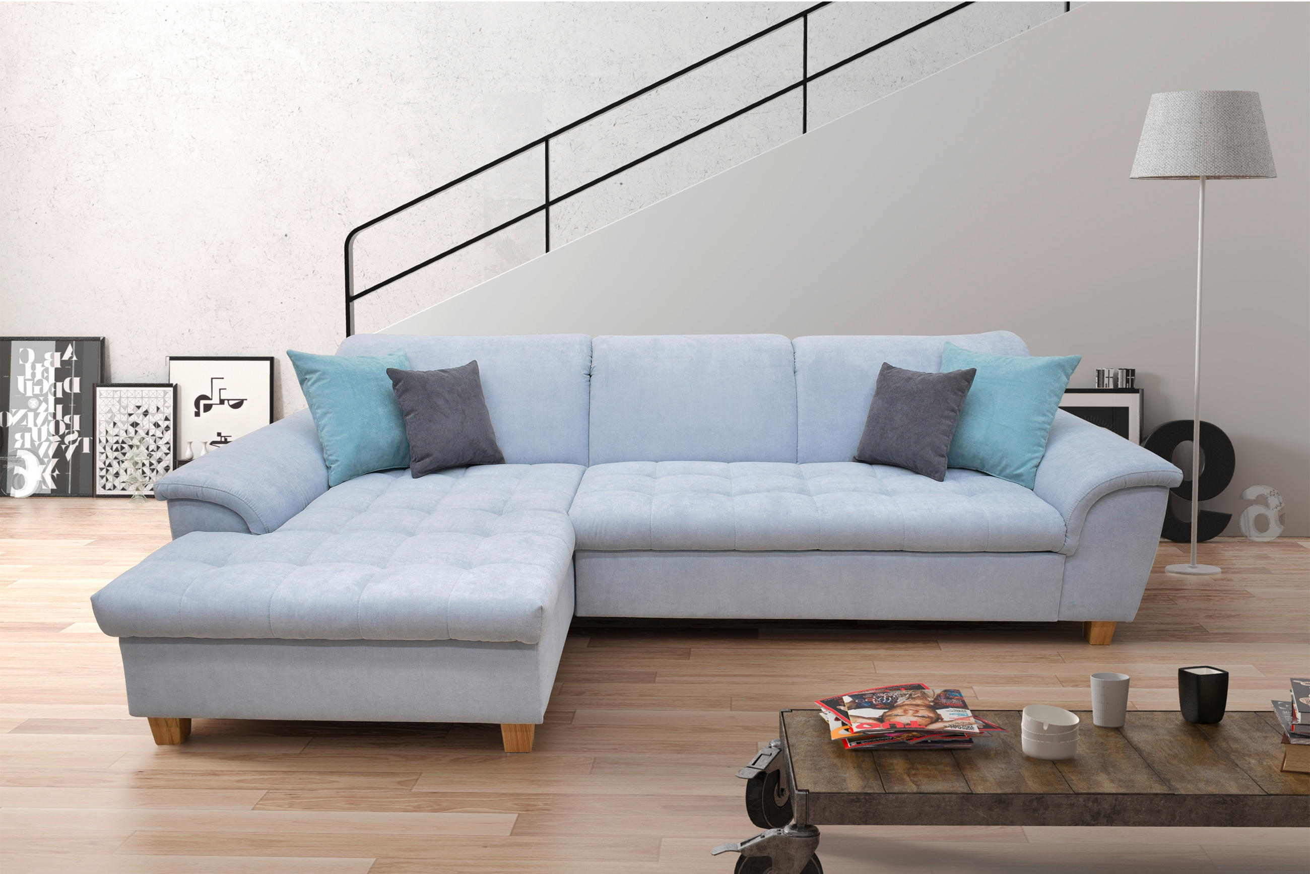 Thumbnail - Mid.you Ecksofa, Pastellblau, Textil, Eiche, Uni, 3-Sitzer, Ottomane links, L-Form, 279x162 cm, Made in EU, FSC Mix, Rüc...