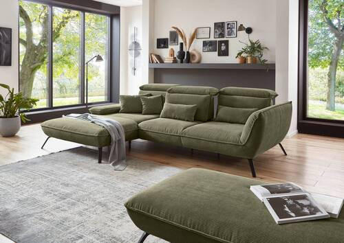 ECKSOFA in Cord Olivgrün  - Schwarz/Olivgrün, Design, Textil/Metall (202/301cm) - Moderano