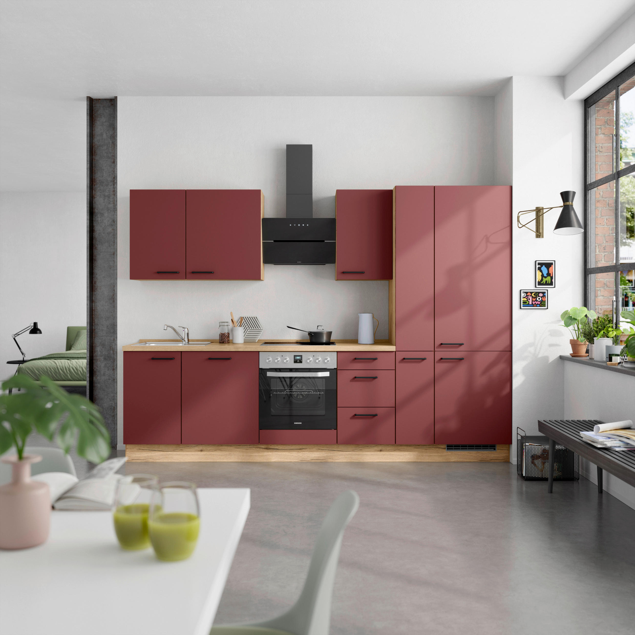 KÜCHENBLOCK Easytouch 300 cm  in Eichefarben, Dunkelrot  - Eichefarben/Schwarz, MODERN, Holzwerkstoff/Metall (300cm) - Nobilia