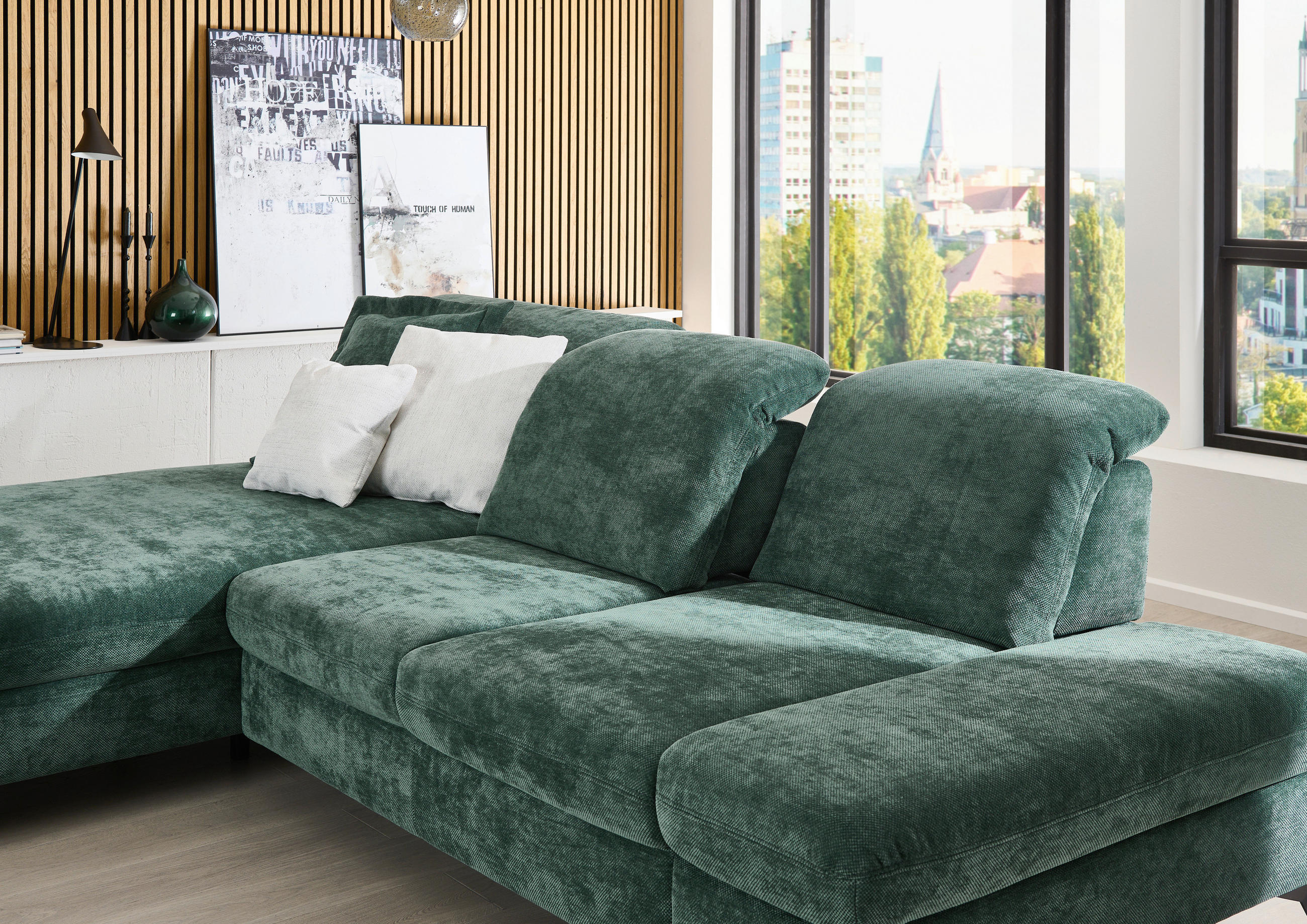 ECKSOFA Dunkelgrün Chenille  - Dunkelgrün/Schwarz, Design, Textil/Metall (198/288cm) - Beldomo Style