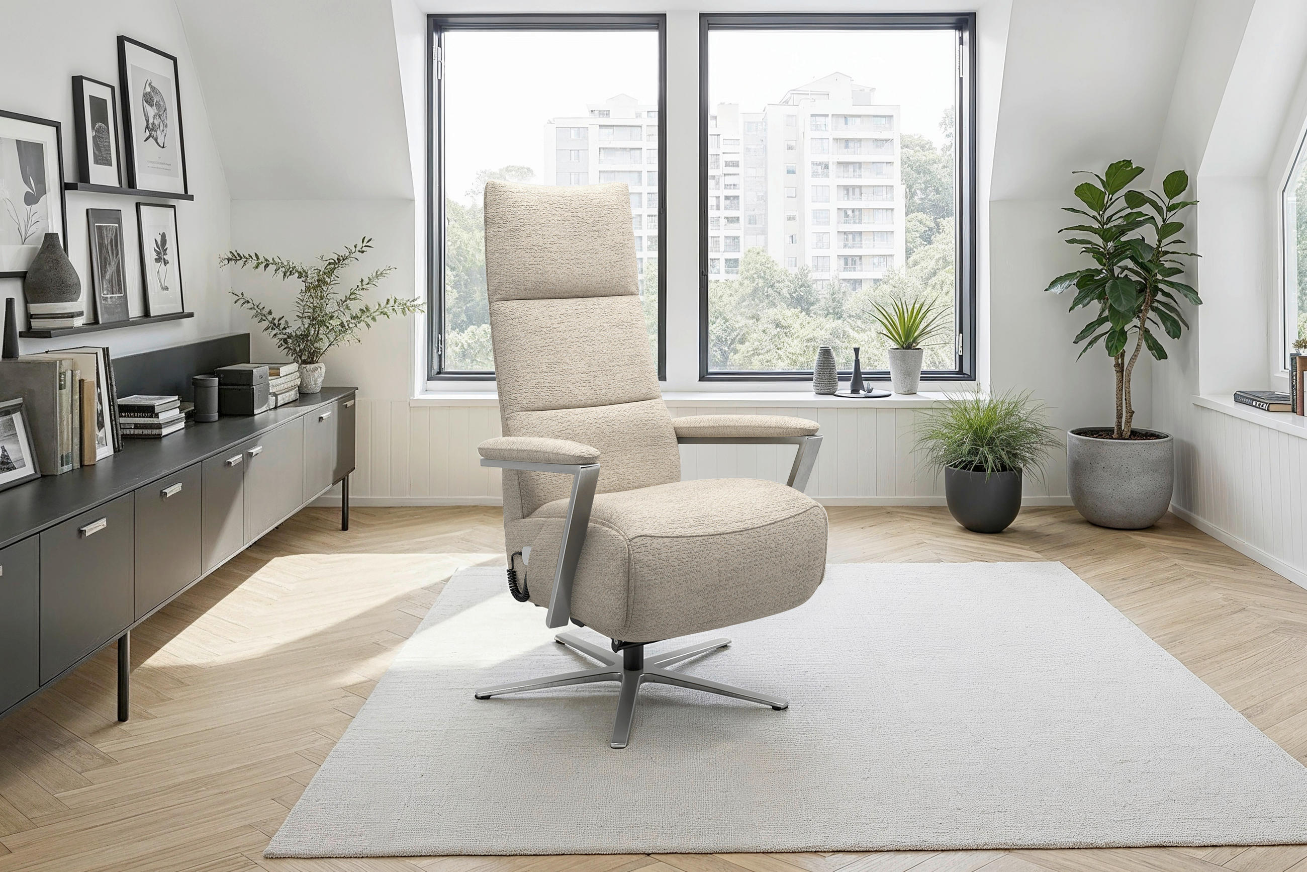 RELAXSESSEL TV VARIO COMFORT E M2 Chenille Kopfteilverstellung, Rücken echt    - Sandfarben/Silberfarben, Basics, Textil/Metall (70/126/85cm) - Sit & More