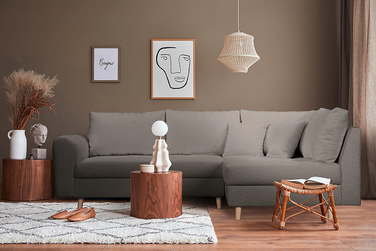 ECKSOFA inkl. Hocker Ariella in Bouclé Dunkelgrau  231/161 cm  - Dunkelgrau/Naturfarben, Design, Holz/Textil (231/161cm) - Livetastic