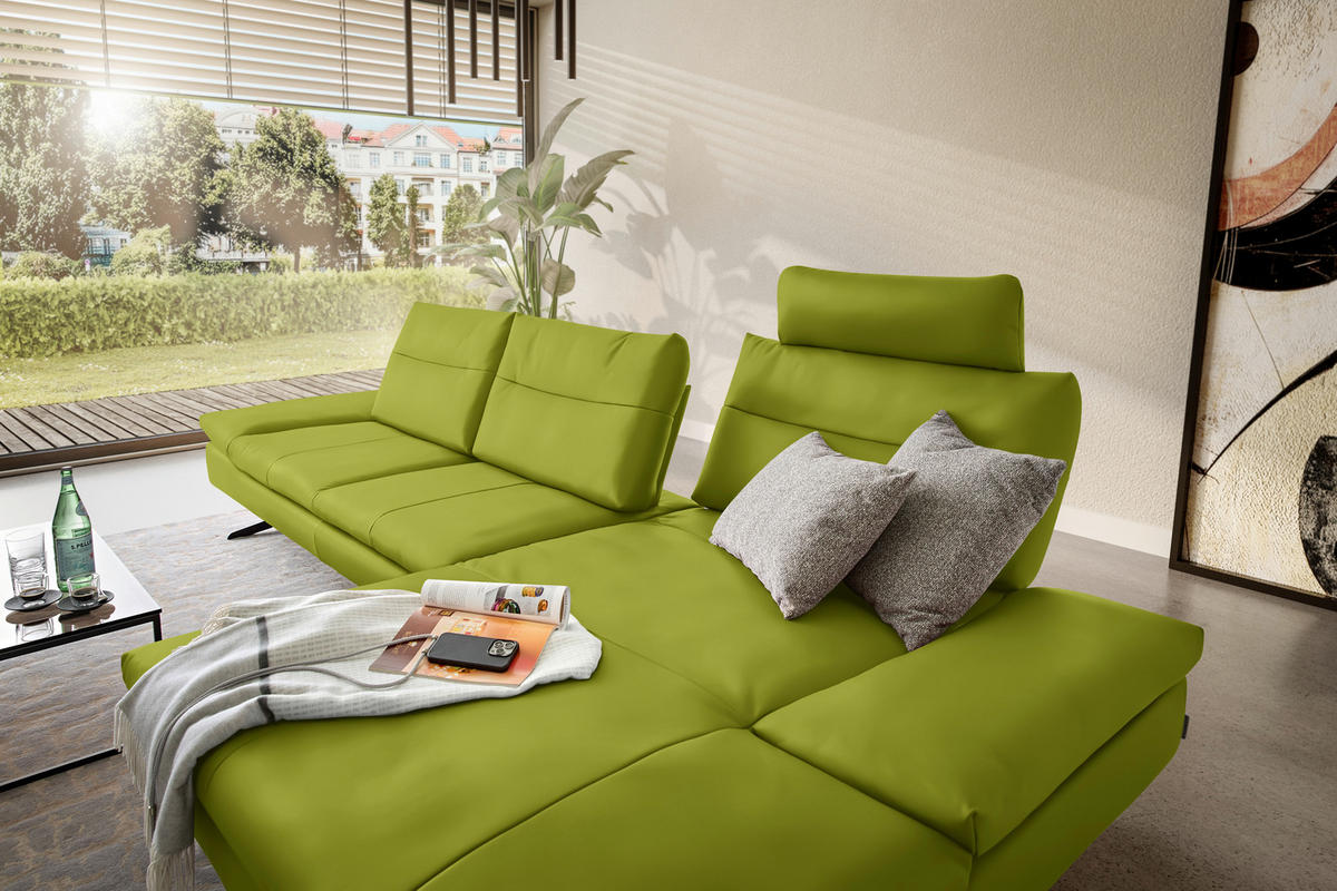 ECKSOFA in Echtleder Limette  - Limette/Schwarz, Modern, Leder/Metall (342/158cm) - Chilliano