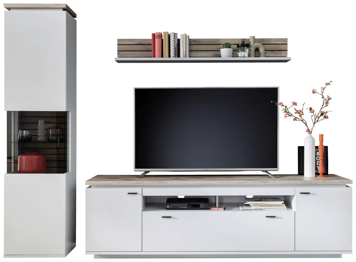 WOHNWAND 3-teilig  in Weiß, Eichefarben   - Eichefarben/Anthrazit, Design, Glas/Holzwerkstoff (270/207/50cm) - Stylife