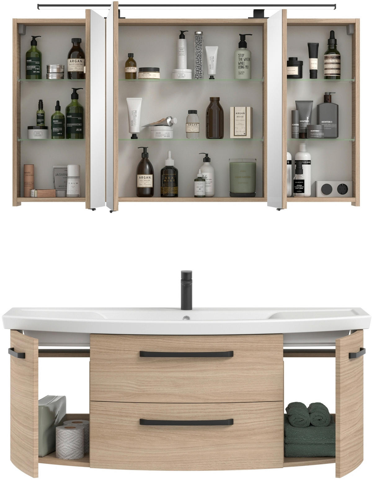 BADEZIMMER 3-teilig  in 135 cm  - Eiche Bianco/Schwarz, MODERN, Glas/Keramik (135cm) - Sadena