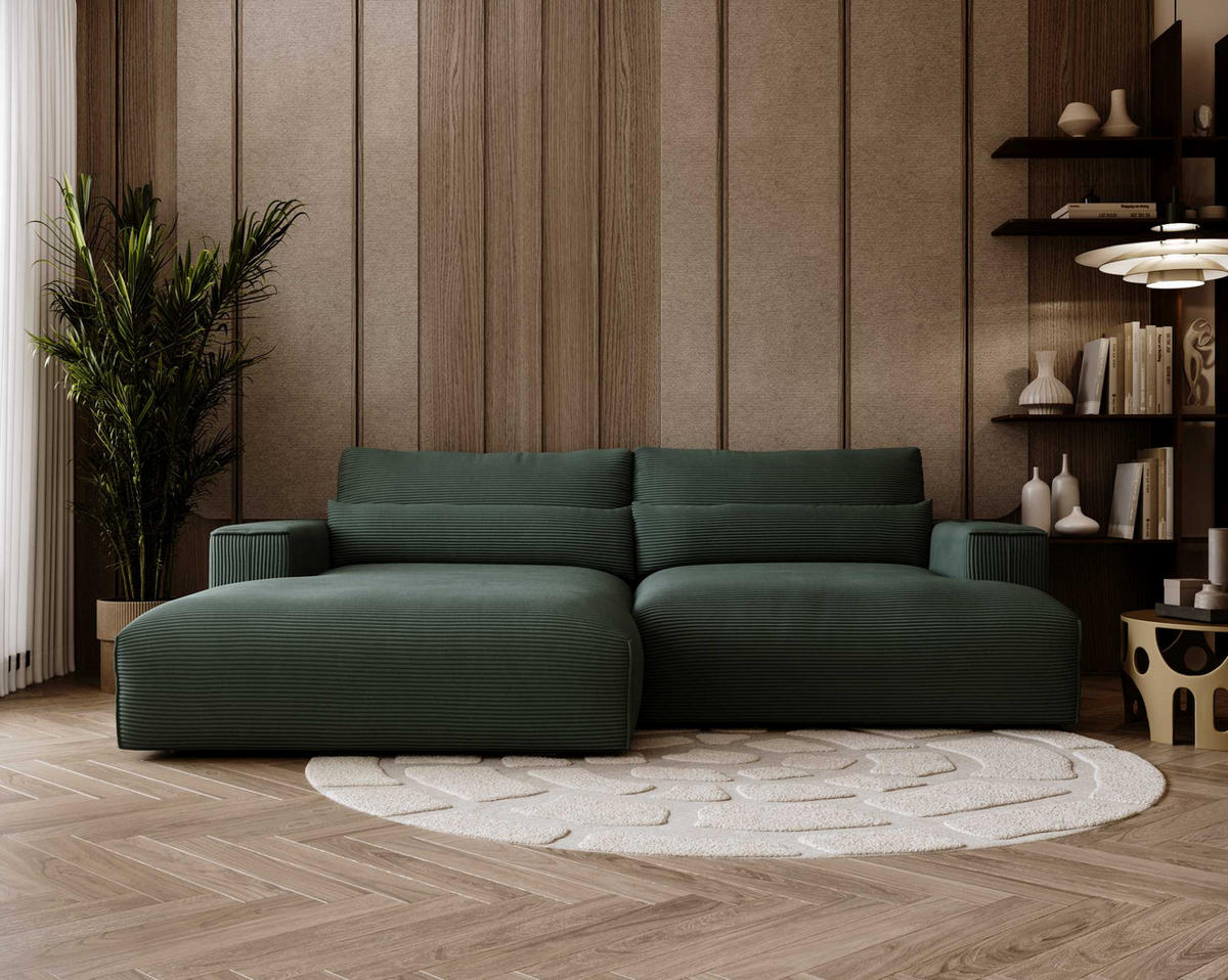 ECKSOFA Felicia Dunkelgrün Cord  - Dunkelgrün/Schwarz, Design, Kunststoff/Textil (187/267cm) - Stylife