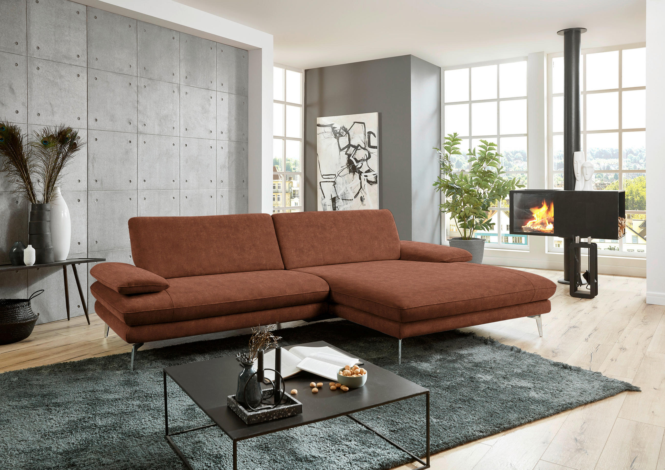 ECKSOFA in Velours Kupferfarben  - Schwarz/Kupferfarben, Design, Textil/Metall (284/184cm) - Dieter Knoll