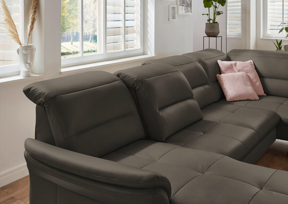 WOHNLANDSCHAFT in Echtleder Graubraun  - Graubraun/Schwarz, Design, Leder/Metall (181/336/206cm) - Beldomo Speed