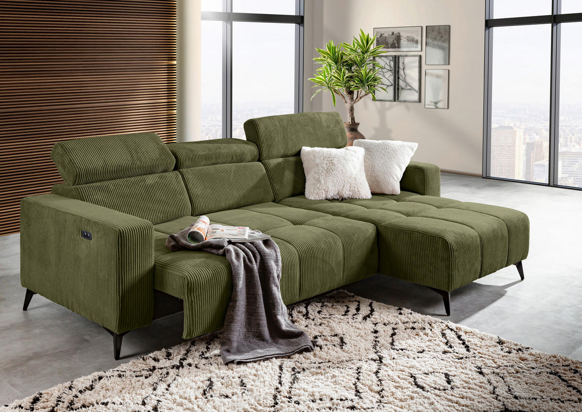 ECKSOFA Dunkelgrün Cord Rücken echt, Kopfteilverstellung, Sitzvorzug  - Dunkelgrün/Schwarz, KONVENTIONELL, Textil/Metall (257/170cm) - Carryhome