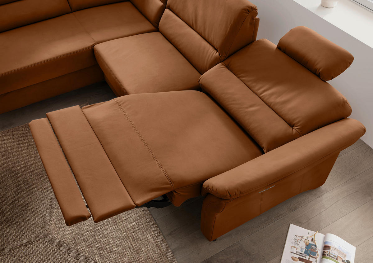 ECKSOFA in Lederlook Cognac  - Cognac/Schwarz, Modern, Holz/Textil (190/266cm) - Livetastic