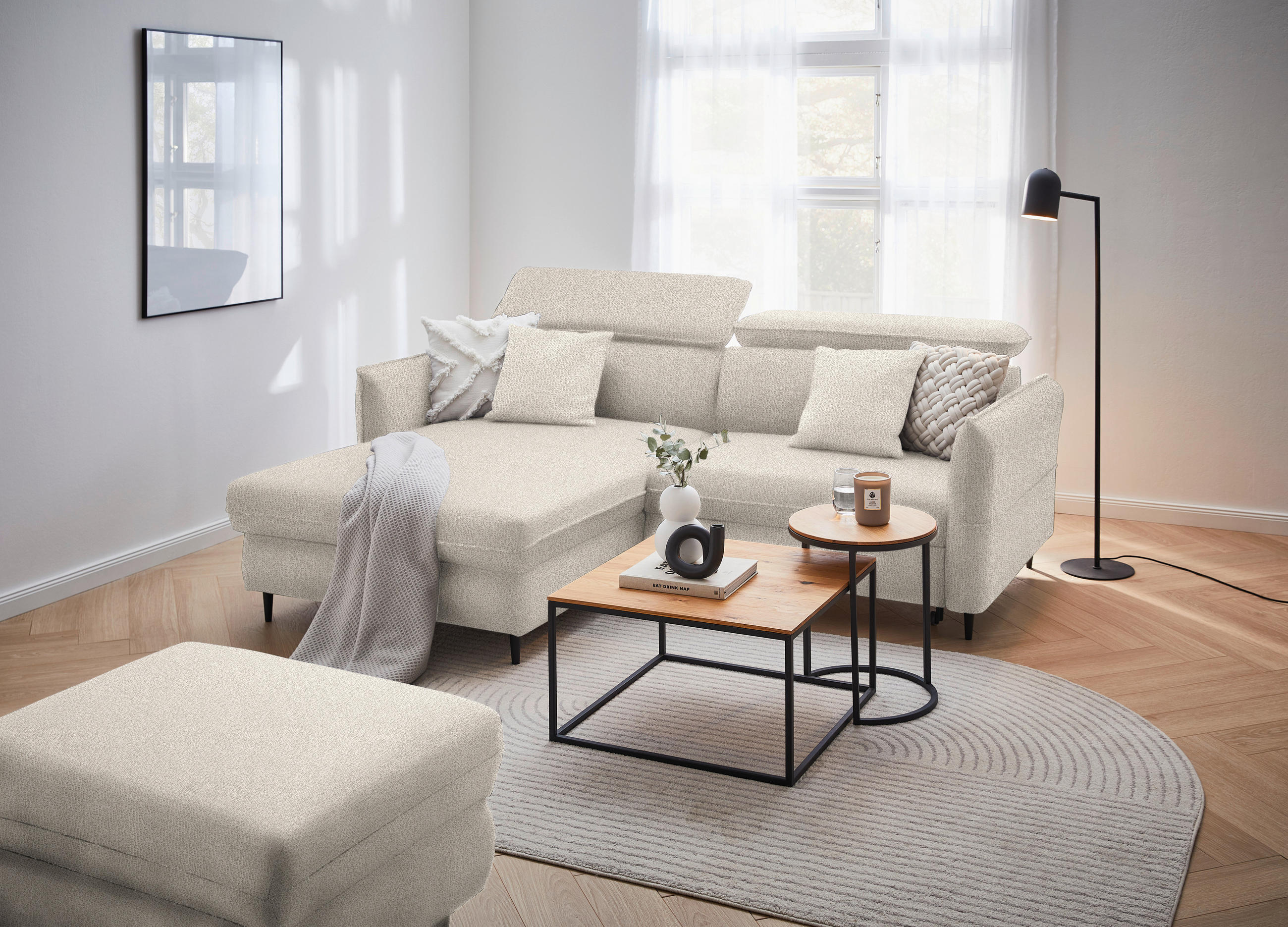 ECKSOFA Beige Flachgewebe  - Beige/Schwarz, Design, Holz/Textil (185/232cm) - Stylife