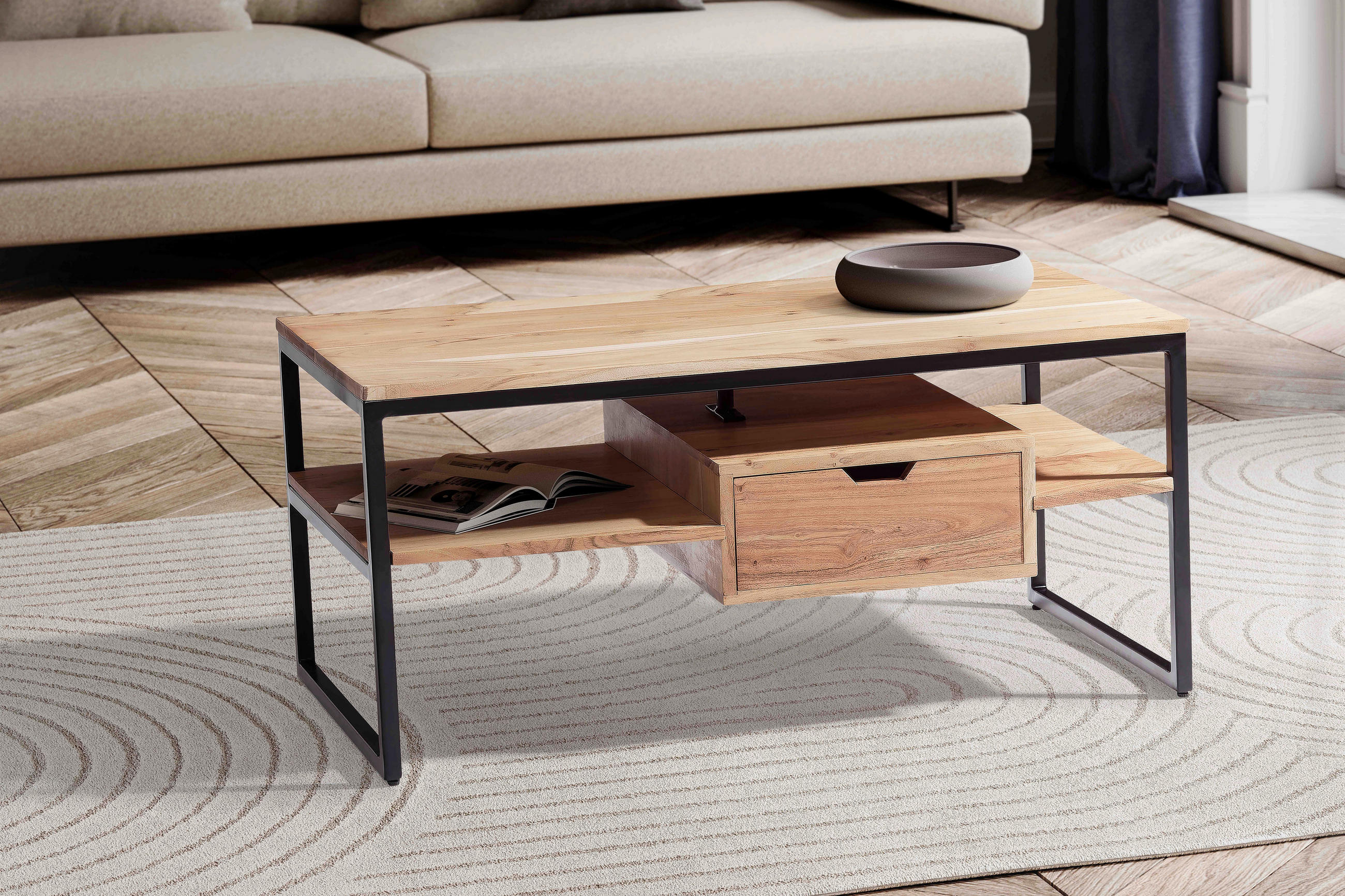 COUCHTISCH Akazie massiv 90/50/42 cm rechteckig Akaziefarben  - Schwarz/Akaziefarben, Design, Holz/Metall (90/50/42cm) - MID.YOU