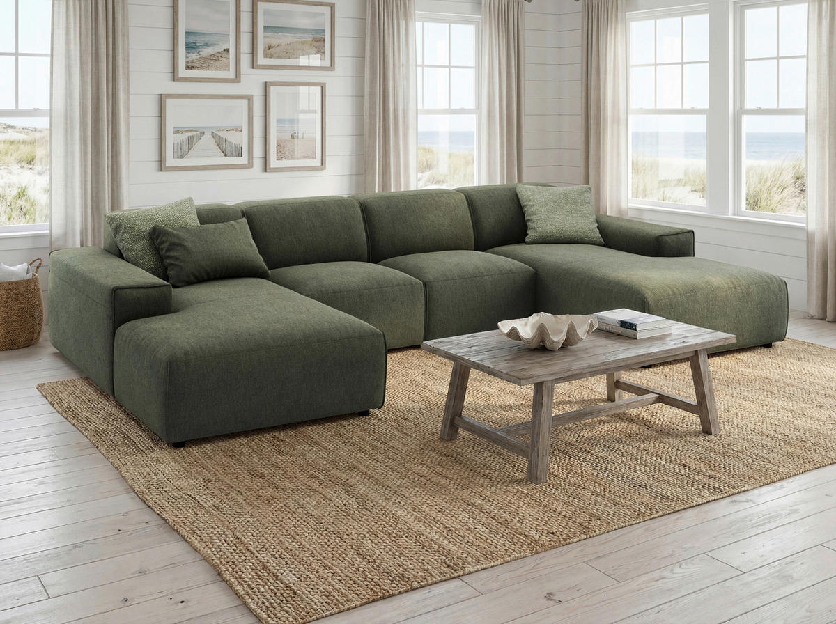WOHNLANDSCHAFT Olivgrün Chenille  - Schwarz/Olivgrün, MODERN, Kunststoff/Textil (189/340/189cm) - Pure Home Lifestyle