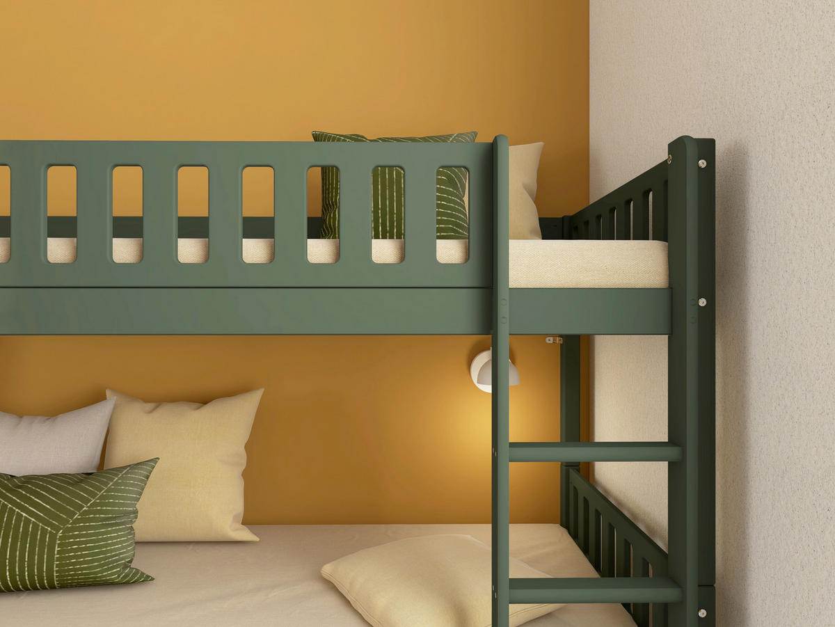 ETAGENBETT 90/200 cm,  in Absturzsicherung, Leiter, Rollroste  - Dunkelgrün, MODERN, Holz (90/200cm) - Chameo