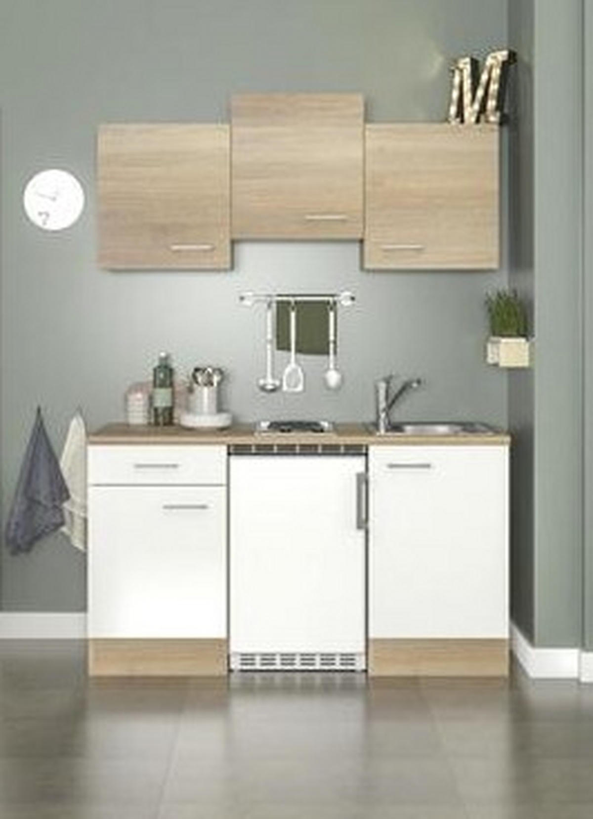 MINIKÜCHE   in Weiß, Sonoma Eiche  - Alufarben/Weiß, KONVENTIONELL, Holzwerkstoff/Kunststoff (150,5/205/60cm) - FlexWell