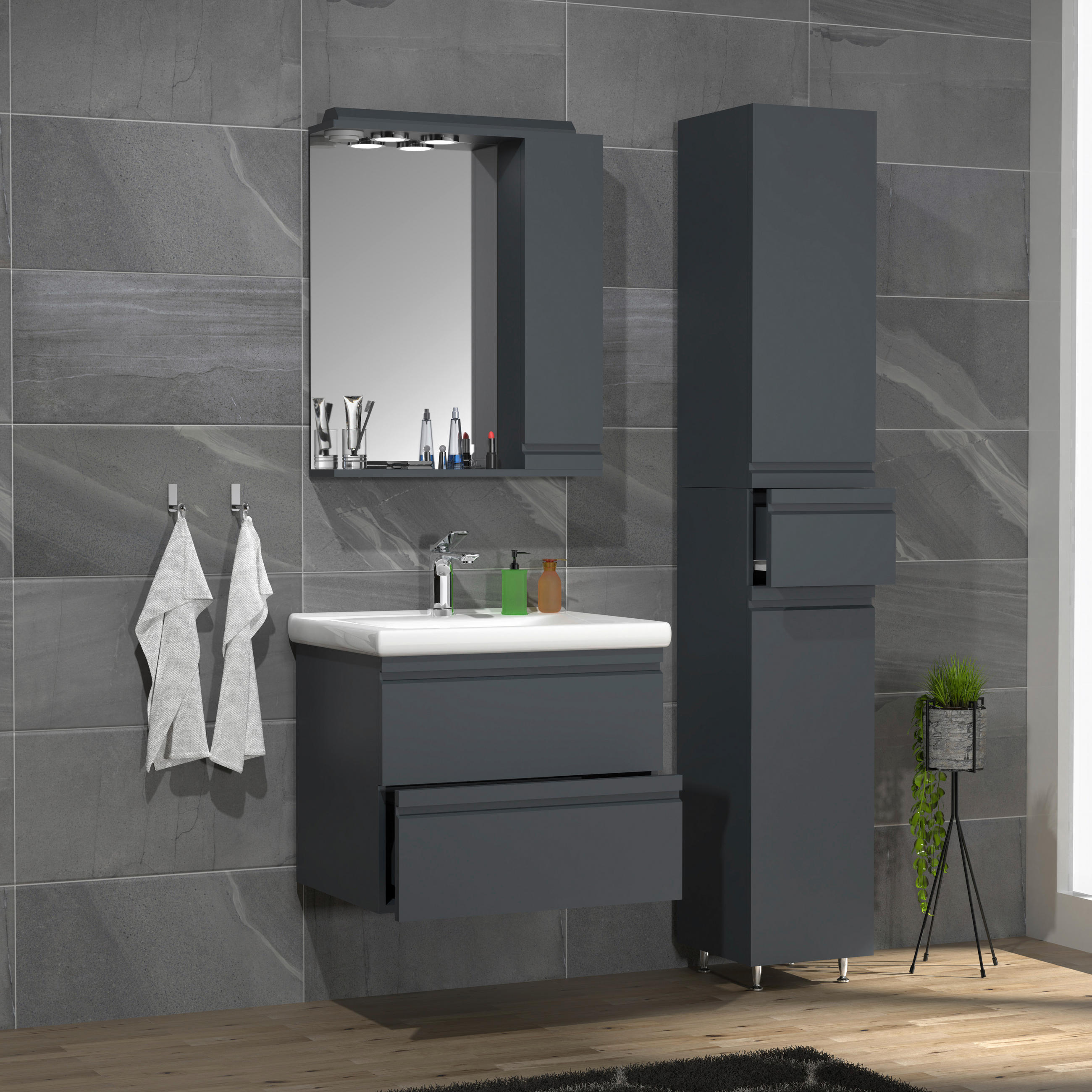 BADEZIMMER 4-teilig  in 90 cm  - Anthrazit/Weiß, MODERN, Glas/Keramik (90cm) - MID.YOU