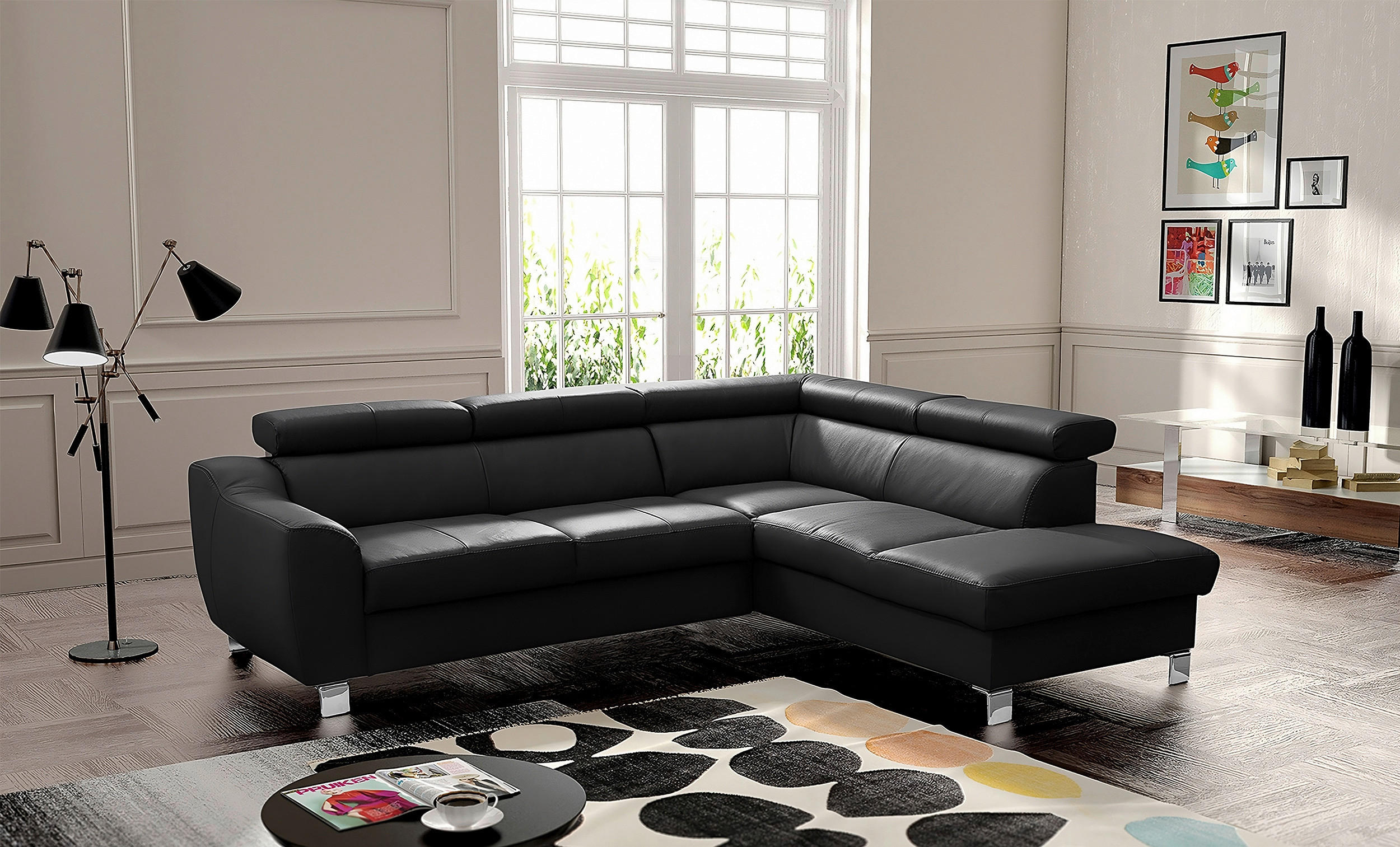 ECKSOFA Schwarz Echtleder Lederlook  - Chromfarben/Schwarz, Design, Leder/Textil (245/208cm) - Livetastic