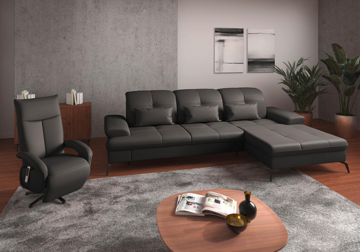 ECKSOFA in Echtleder Anthrazit  - Anthrazit/Schwarz, Konventionell, Leder/Metall (279/185cm) - Sit & More
